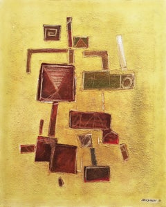 Large 1970's Modernist Geometric Oil Abstract in Red and Green