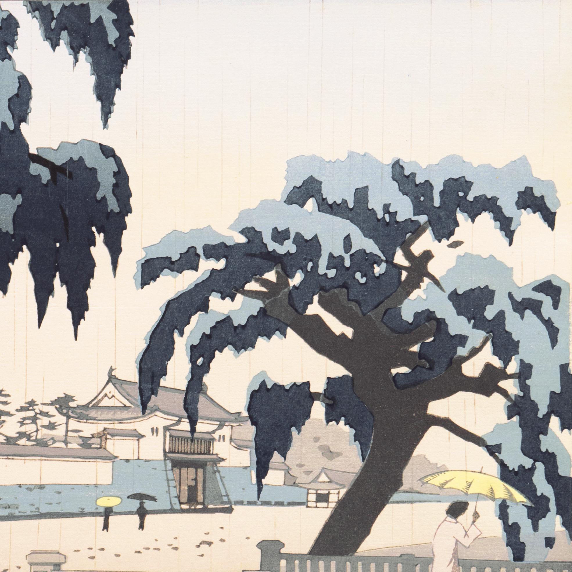 'Rain over Nijo Castle, Kyoto' Tokugawa shogunate, Japanese color woodblock - Gray Landscape Print by Ito Nisaburo 