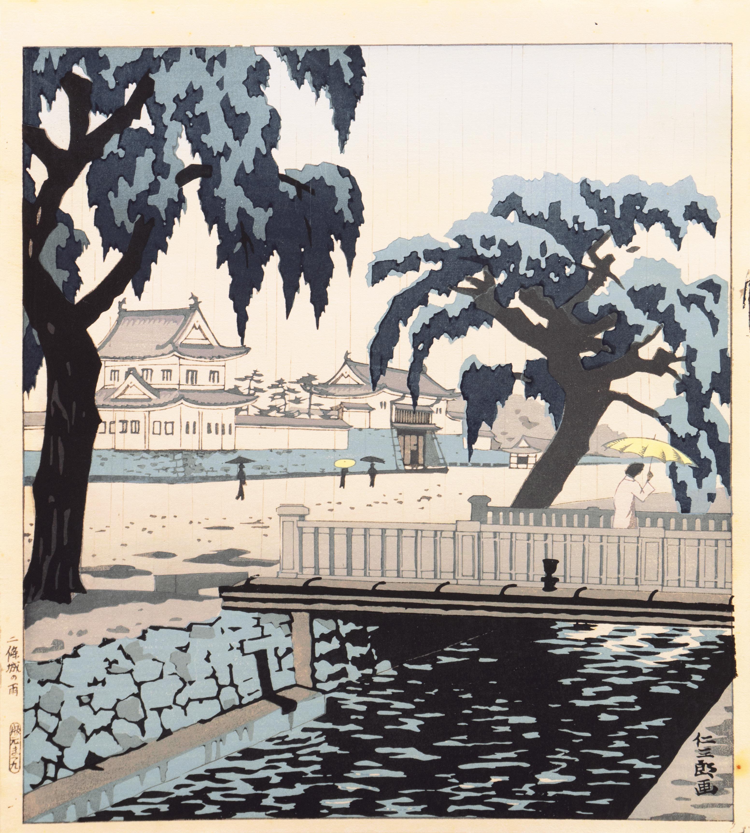 'Rain over Nijo Castle, Kyoto' Tokugawa shogunate, Japanese color woodblock - Print by Ito Nisaburo 