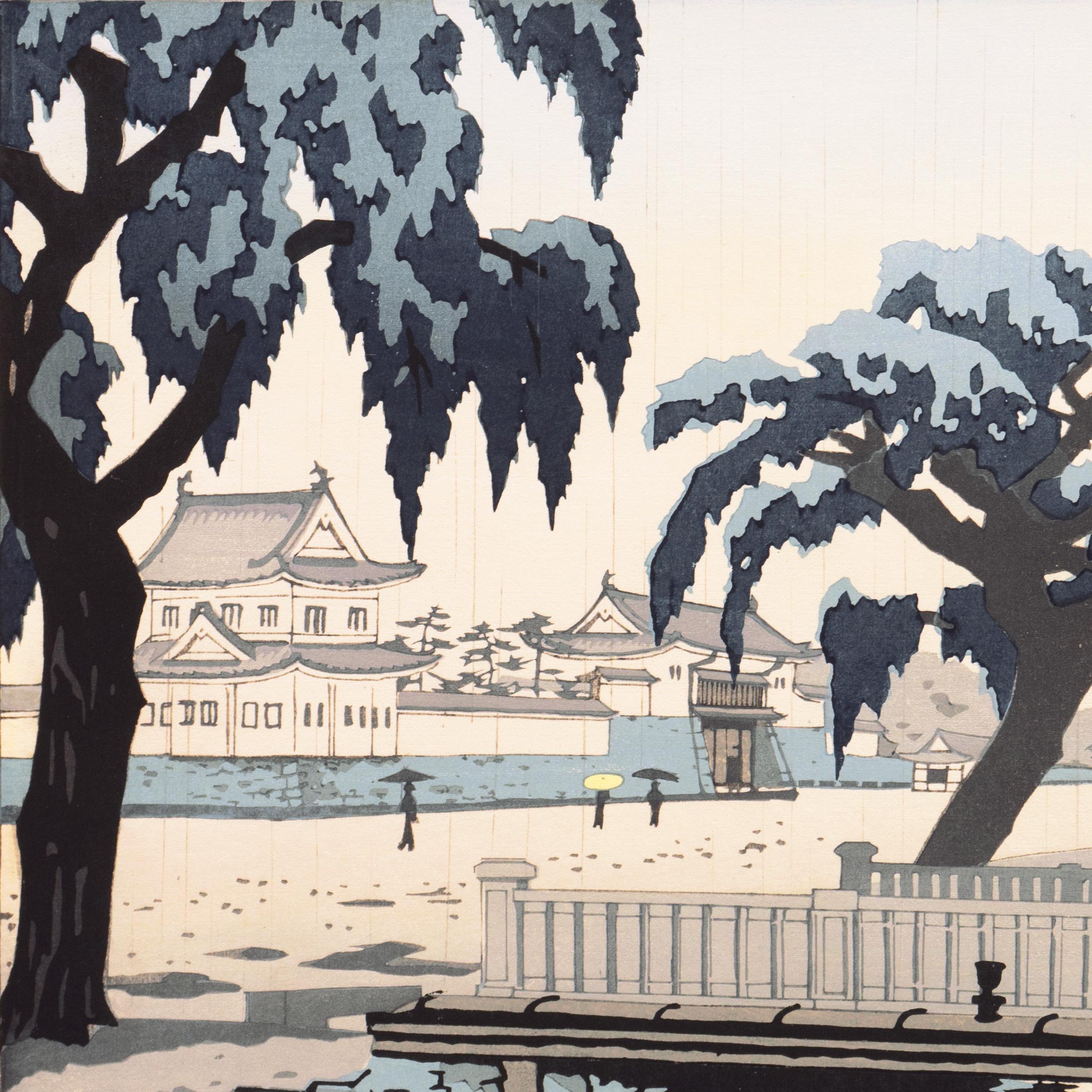 'Rain over Nijo Castle, Kyoto' Tokugawa shogunate, Japanese color woodblock - Modern Print by Ito Nisaburo 