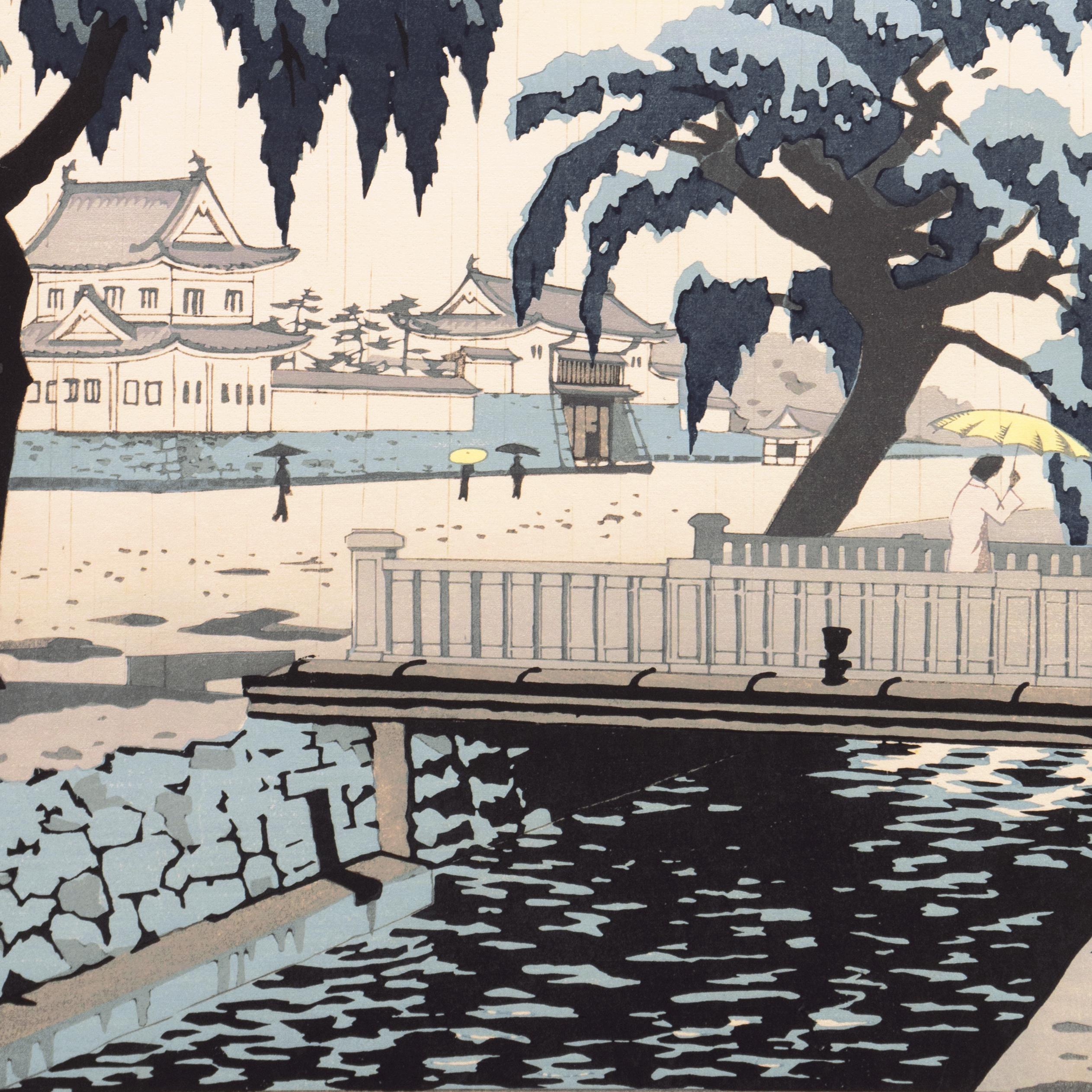 'Rain over Nijo Castle, Kyoto' Tokugawa shogunate, Japanese color woodblock 1