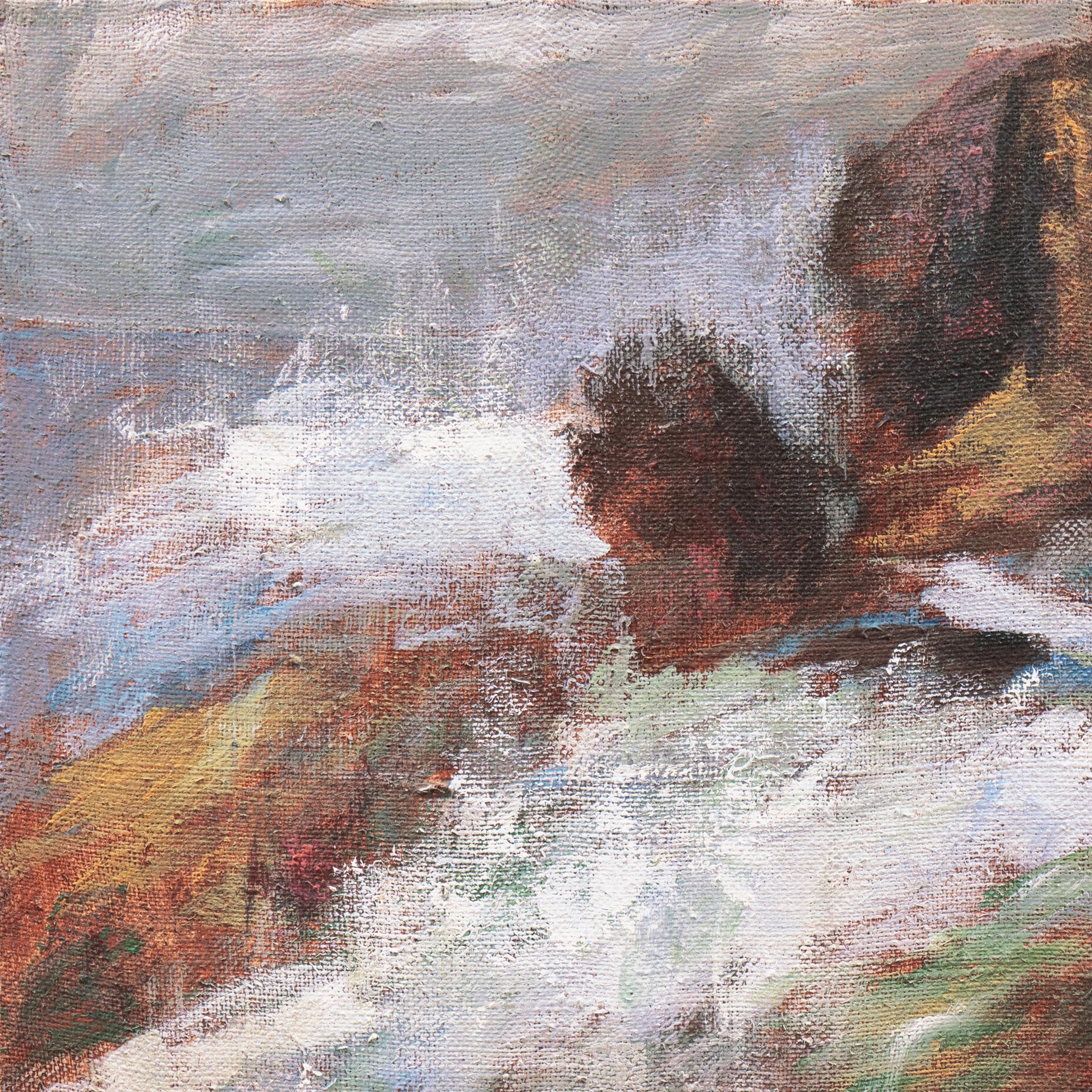 A substantial, semi-abstract, oil seascape showing a view of a tidepool and surf pounding on coastal rocks. 

Signed lower left, 'B. Polach' for Barbara Polach (American, d.2009), a California Bay Area artist, and painted circa 1965; additionally