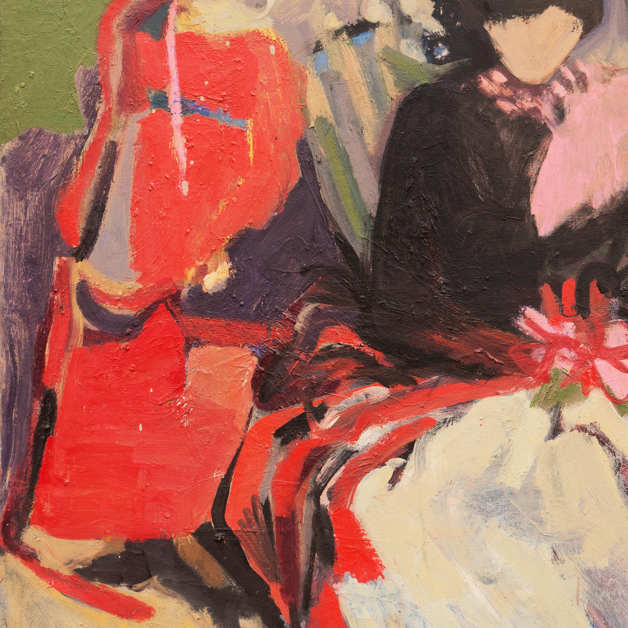 Une peinture à l'huile substantielle de deux femmes adjacentes et assises, peinte dans un style expressionniste de bravoure avec une palette subtile et complexe par une main intuitive et de bravoure. 

Signé en bas à droite 