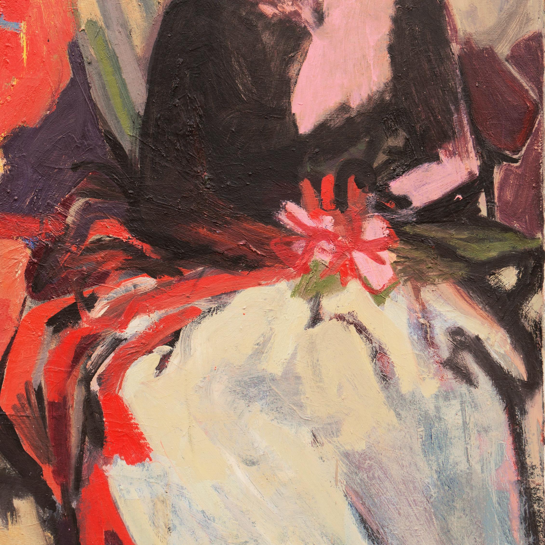 A substantial oil painting of two women shown adjacent and seated and painted in bravura Expressionist style with a subtle and complex palette by an intuitive, bravura hand. 

Signed lower right, 'B. Curtice Hitchock' for Beverly Curtice Hitchcock