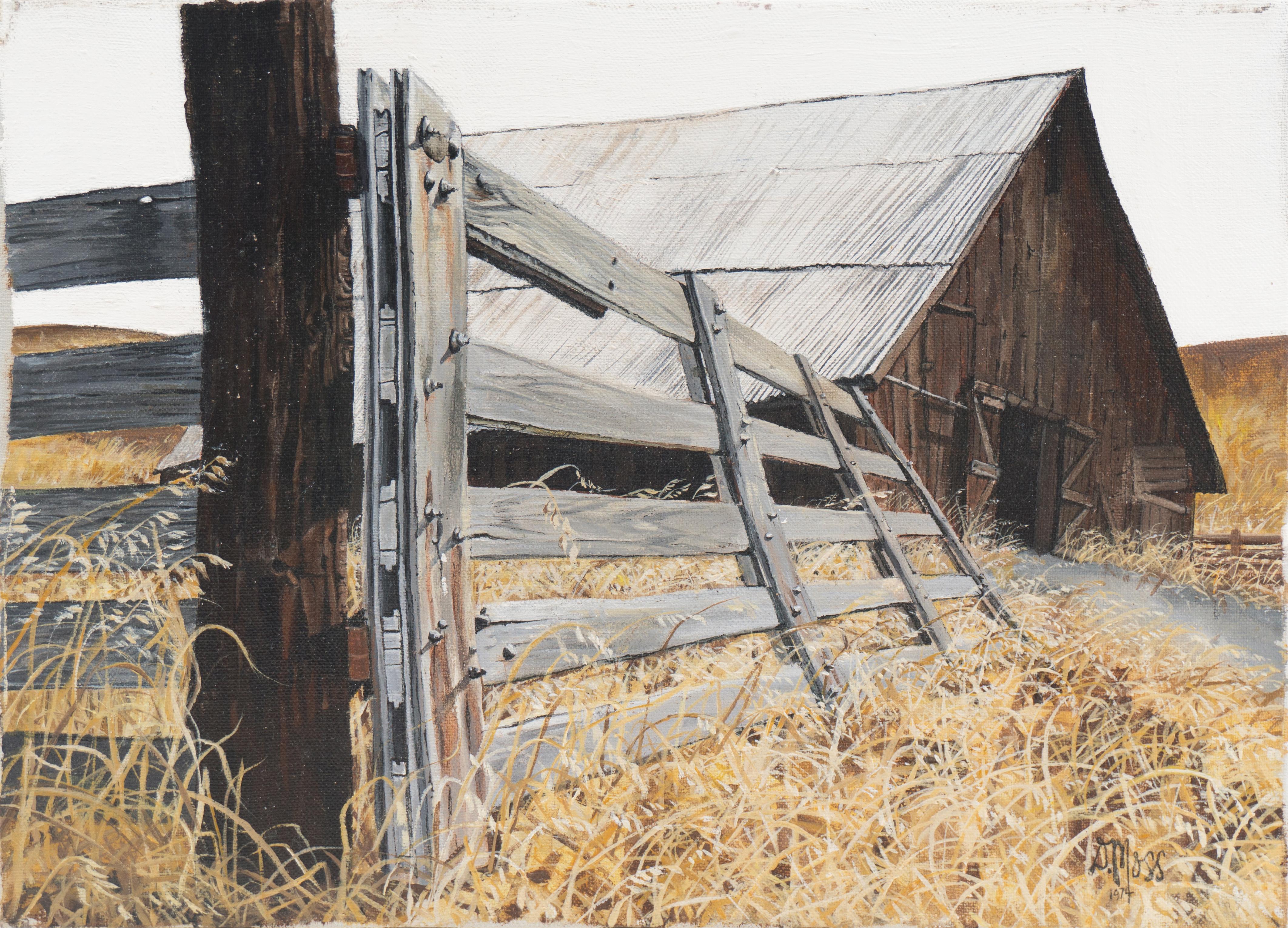 Dianne Moss Walling Landscape Painting - 'The Old Wooden Gate', Americana, rustic landscape with Barn, 1970's