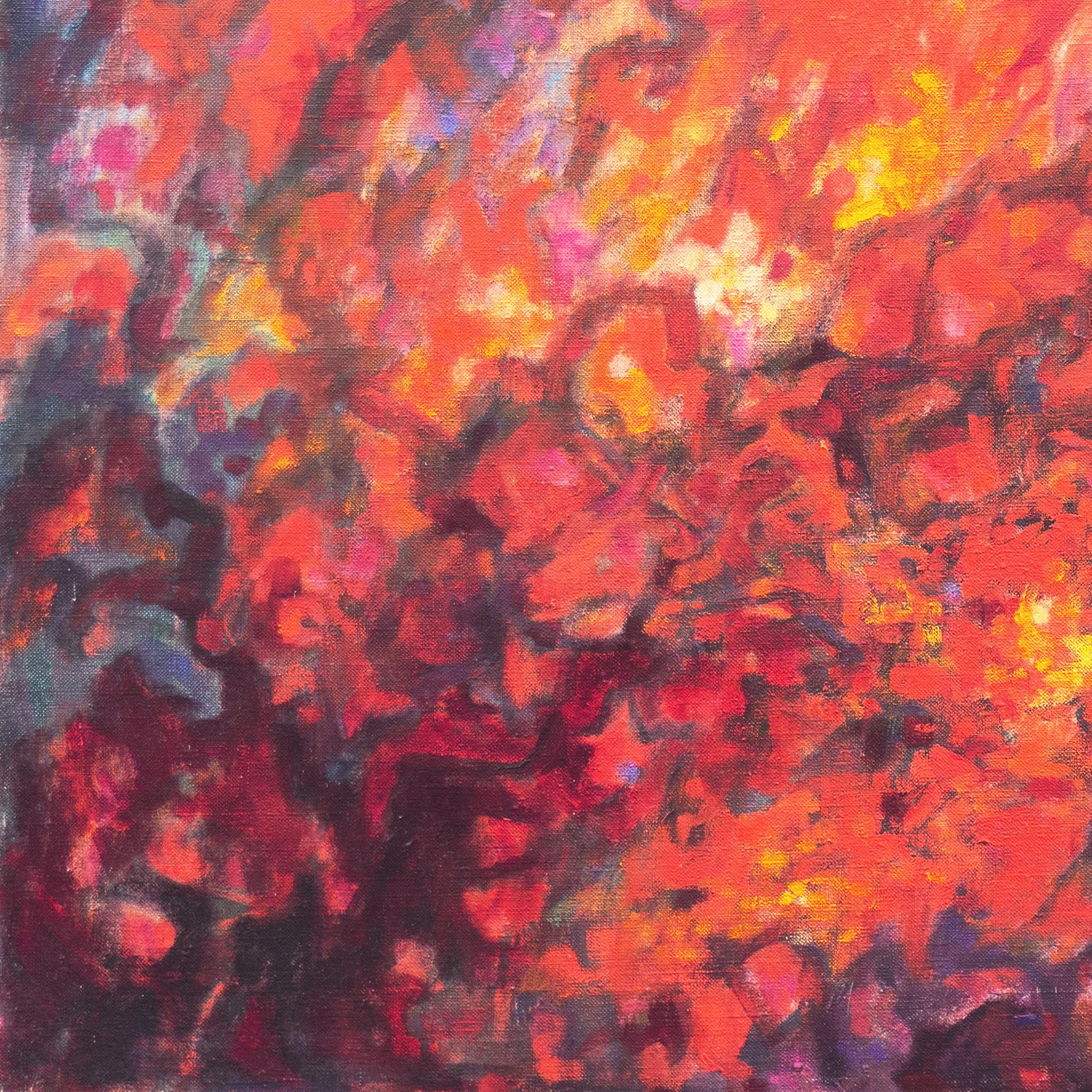 Signed lower right, 'N. Flynn' (American, 20th century) and painted circa 1975.

A large and turbulent oil abstract showing a conflagration of hot colors contrasted against an aubergine background.