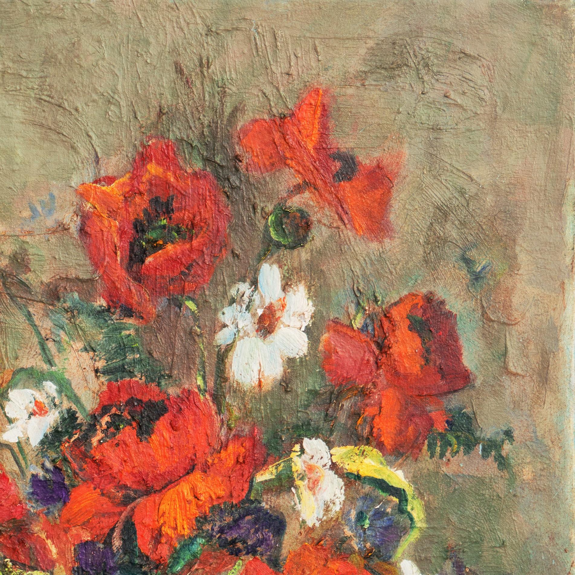 'Still Life of Red Poppies', Mid-century California Expressionist, Woman artist - Brown Still-Life Painting by Marjorie Southern