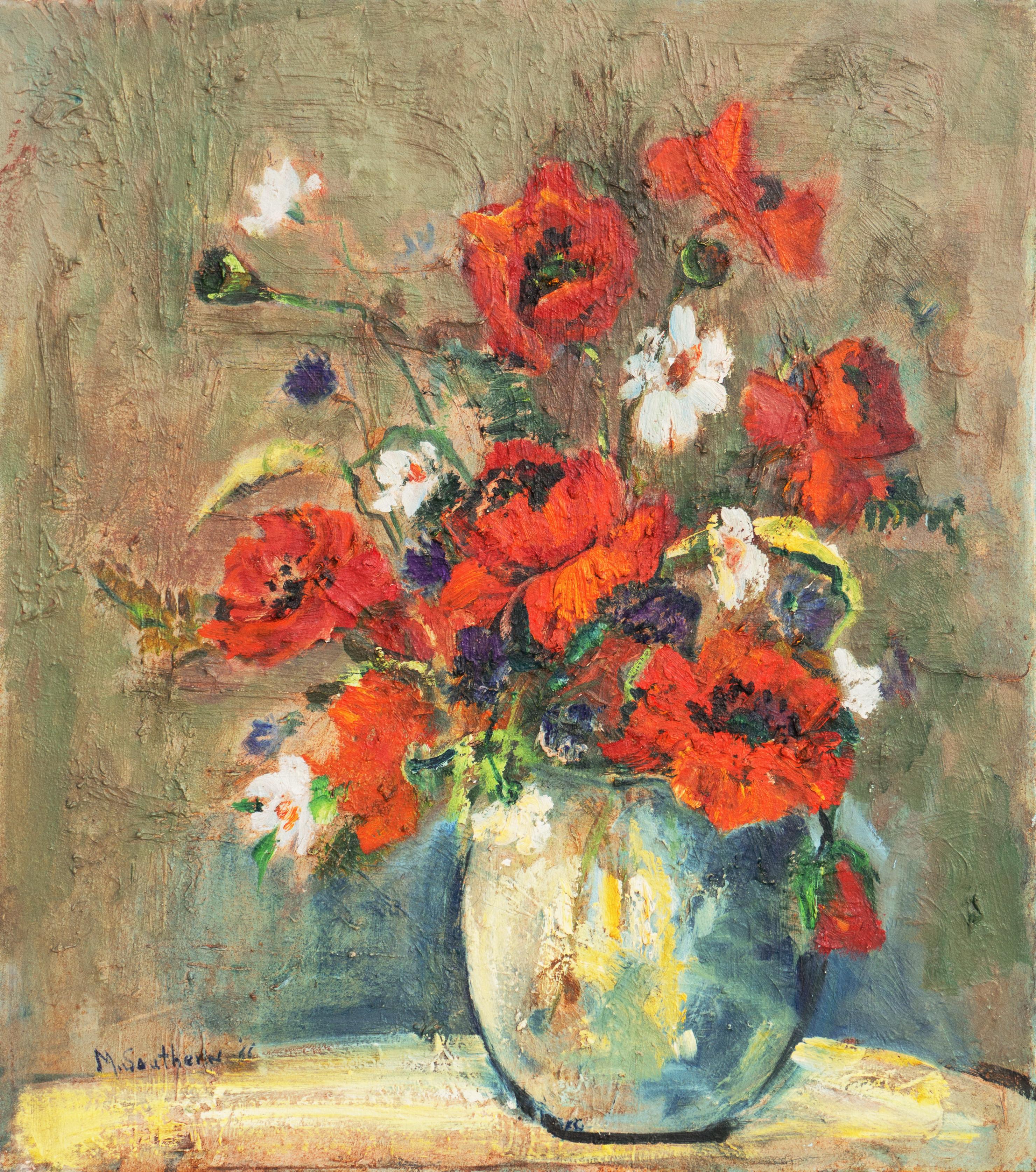 Marjorie Southern Still-Life Painting - 'Still Life of Red Poppies', Mid-century California Expressionist, Woman artist