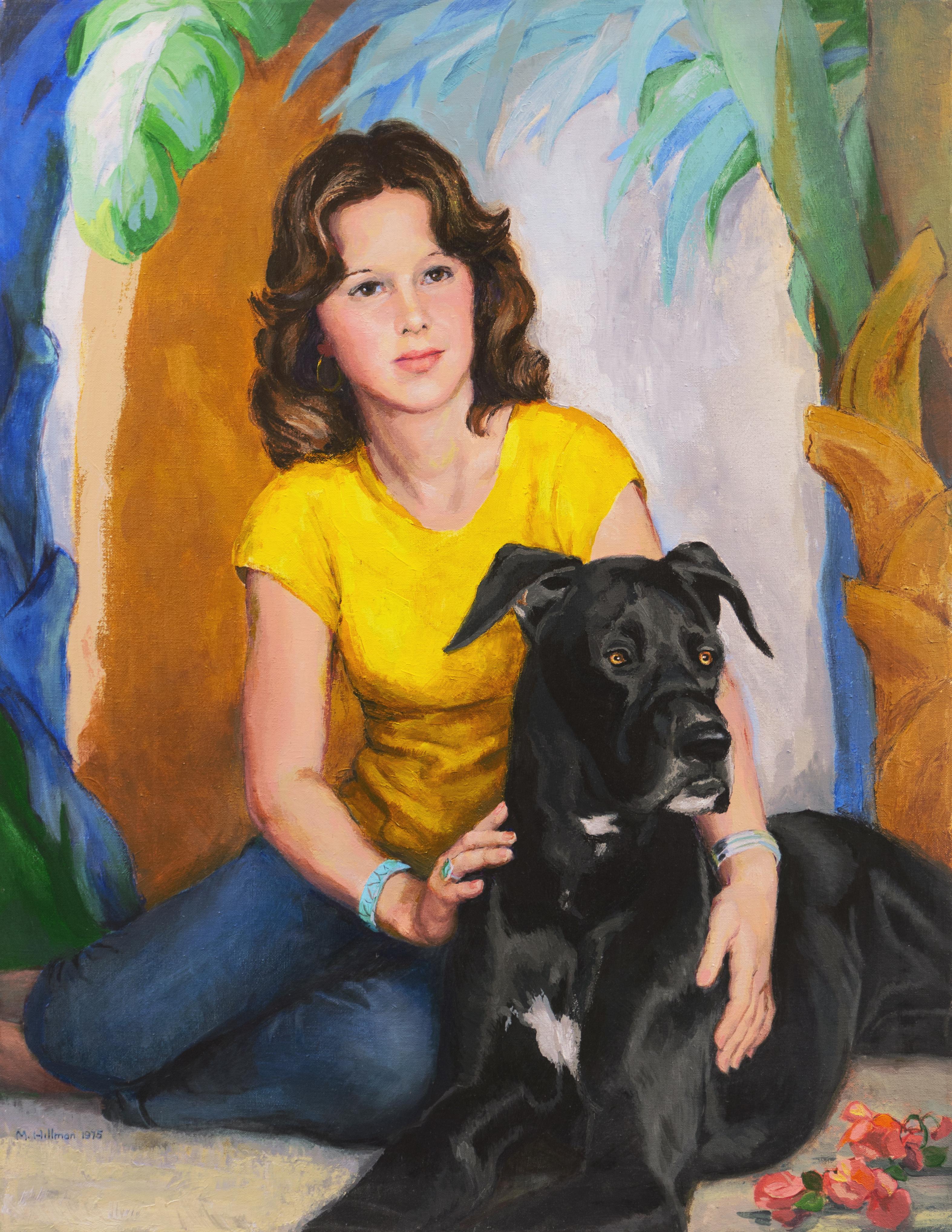 'Seventies Siblings', Pair of Oil Portraits, Period 1970's fashion, Great Dane - Painting by Marjory Hillman