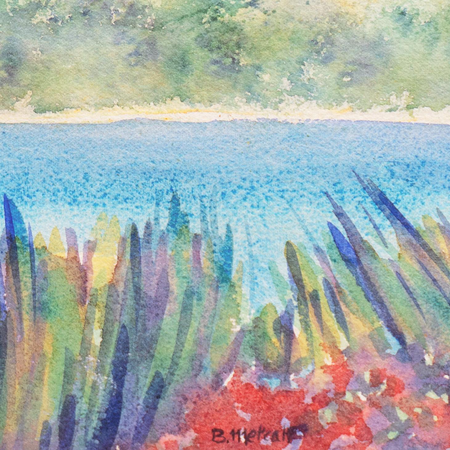 'Tropical Lagoon', Impressionist Landscape with Palm Trees and Bougainvillea - Art by B. Metcalf