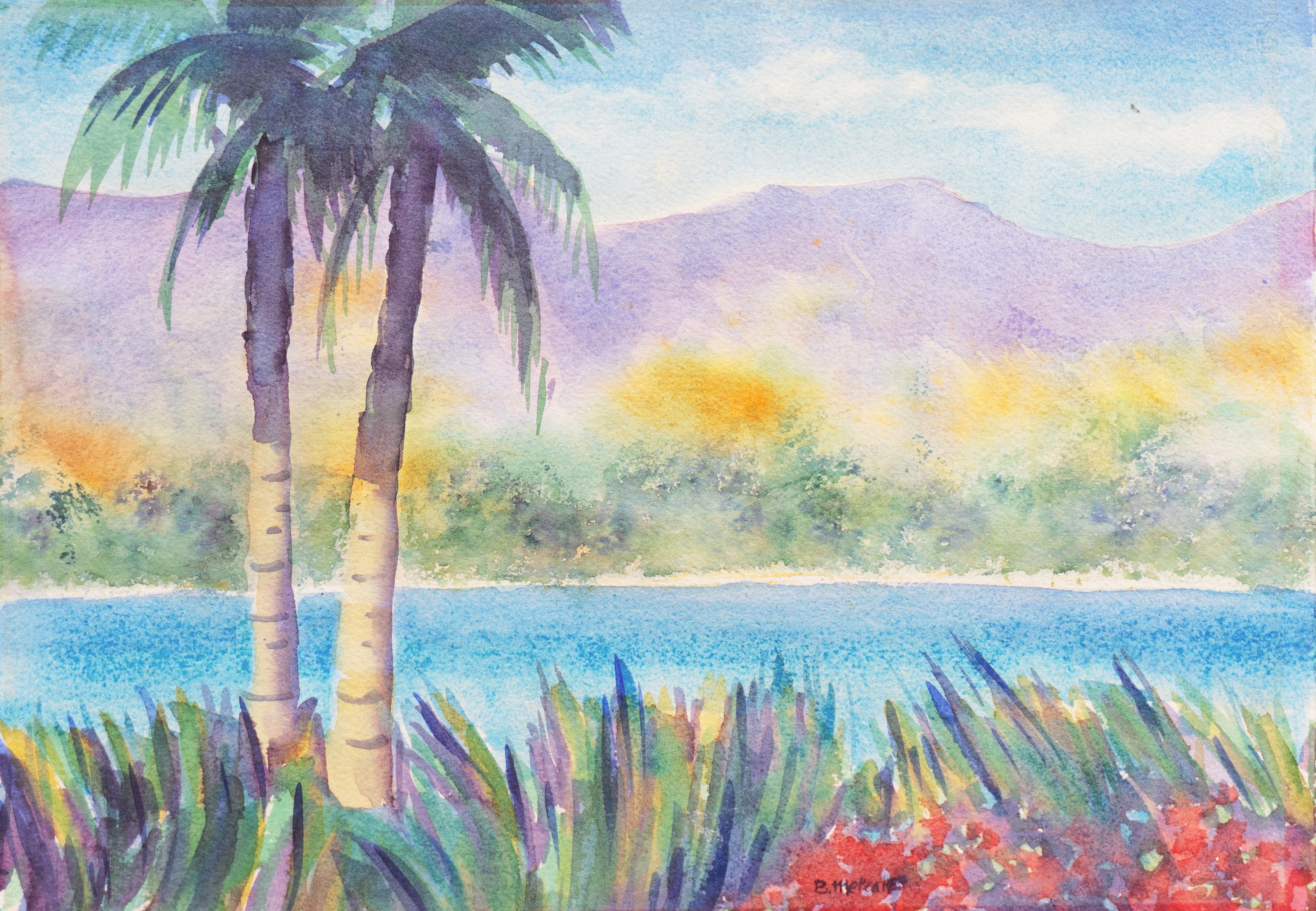 'Tropical Lagoon', Impressionist Landscape with Palm Trees and Bougainvillea