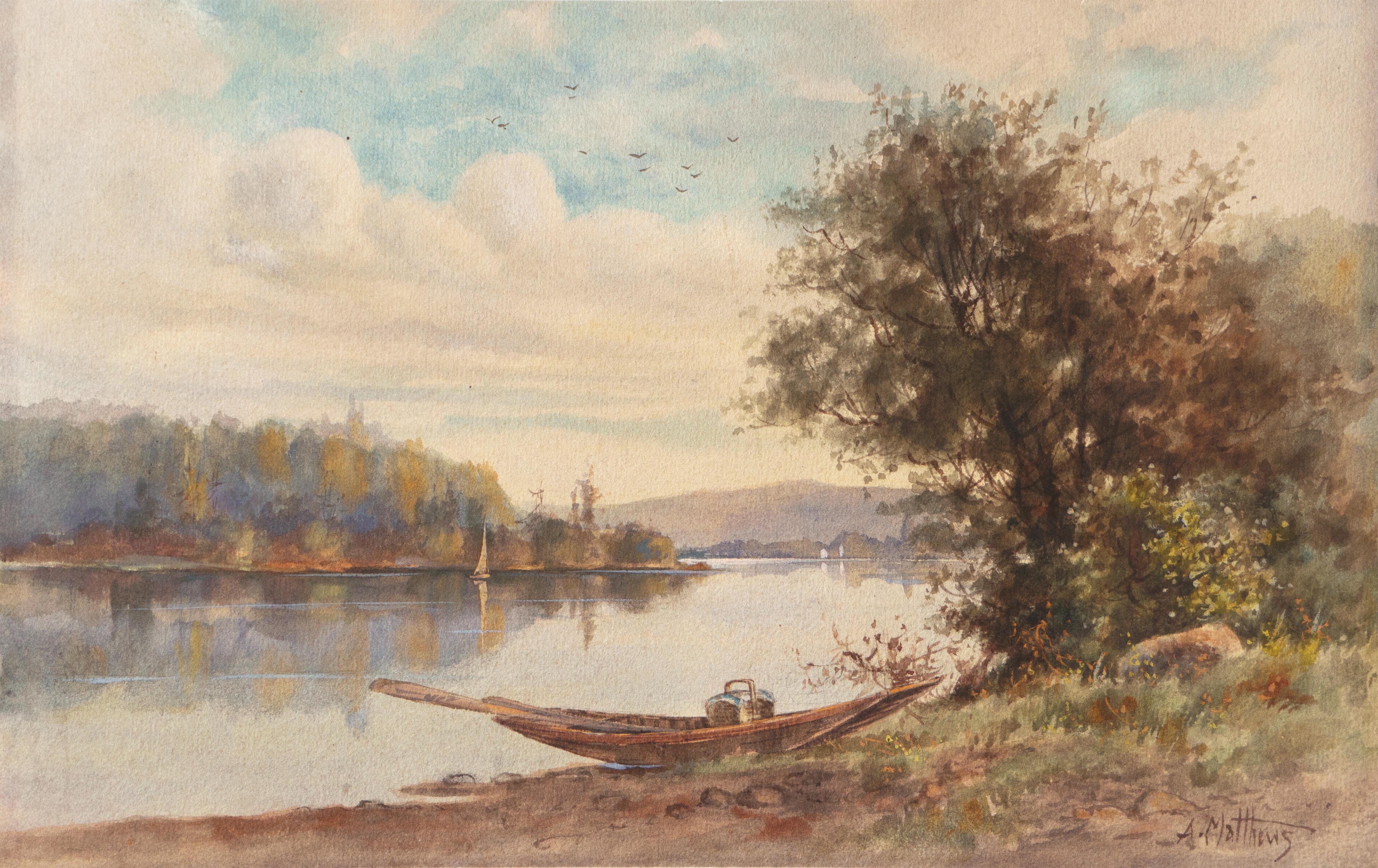 Albert Matthews Landscape Art - 'A Picnic by the River', Early California Watercolorist