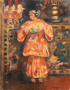 Vintage 'Young Woman Holding a Vase of Lilies', Chinese, Chinoiserie