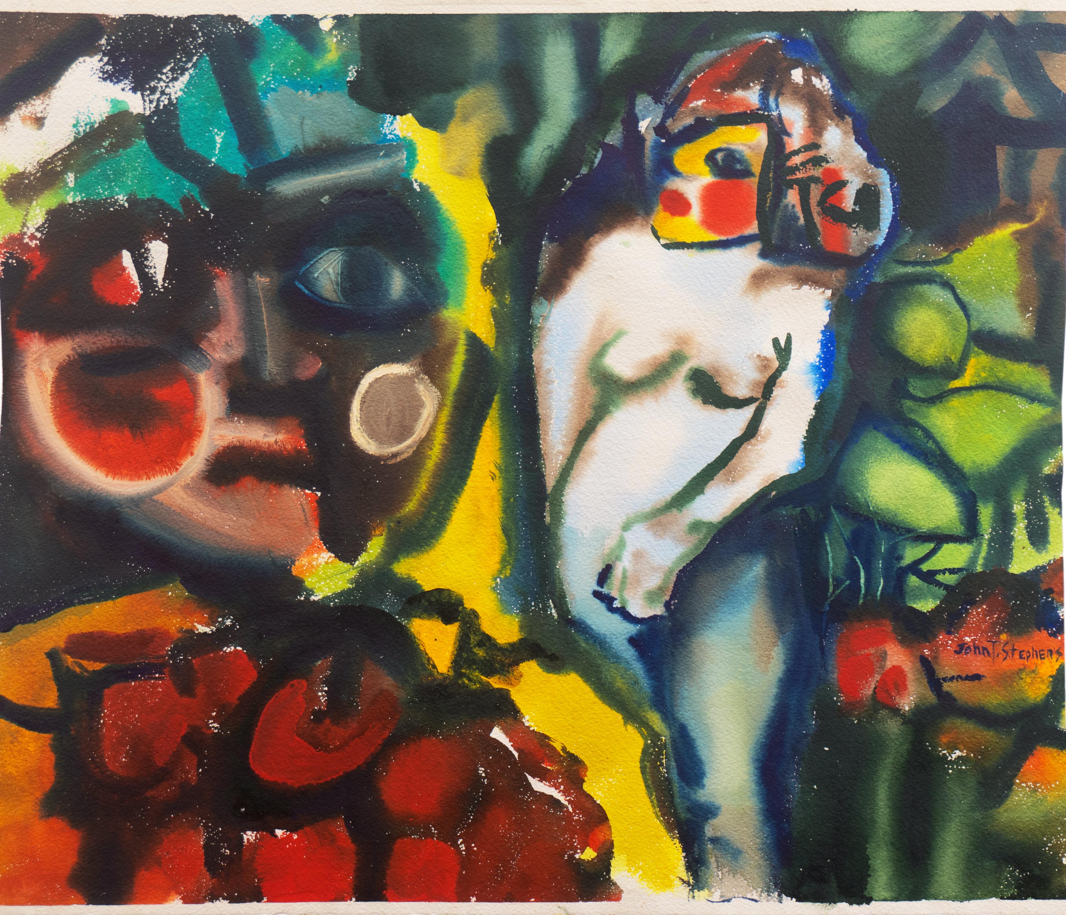 „Leaving the Garden of Eden“, amerikanischer Expressionist aus der Mitte des Jahrhunderts, Adam und Eva – Art von John T. Stephens