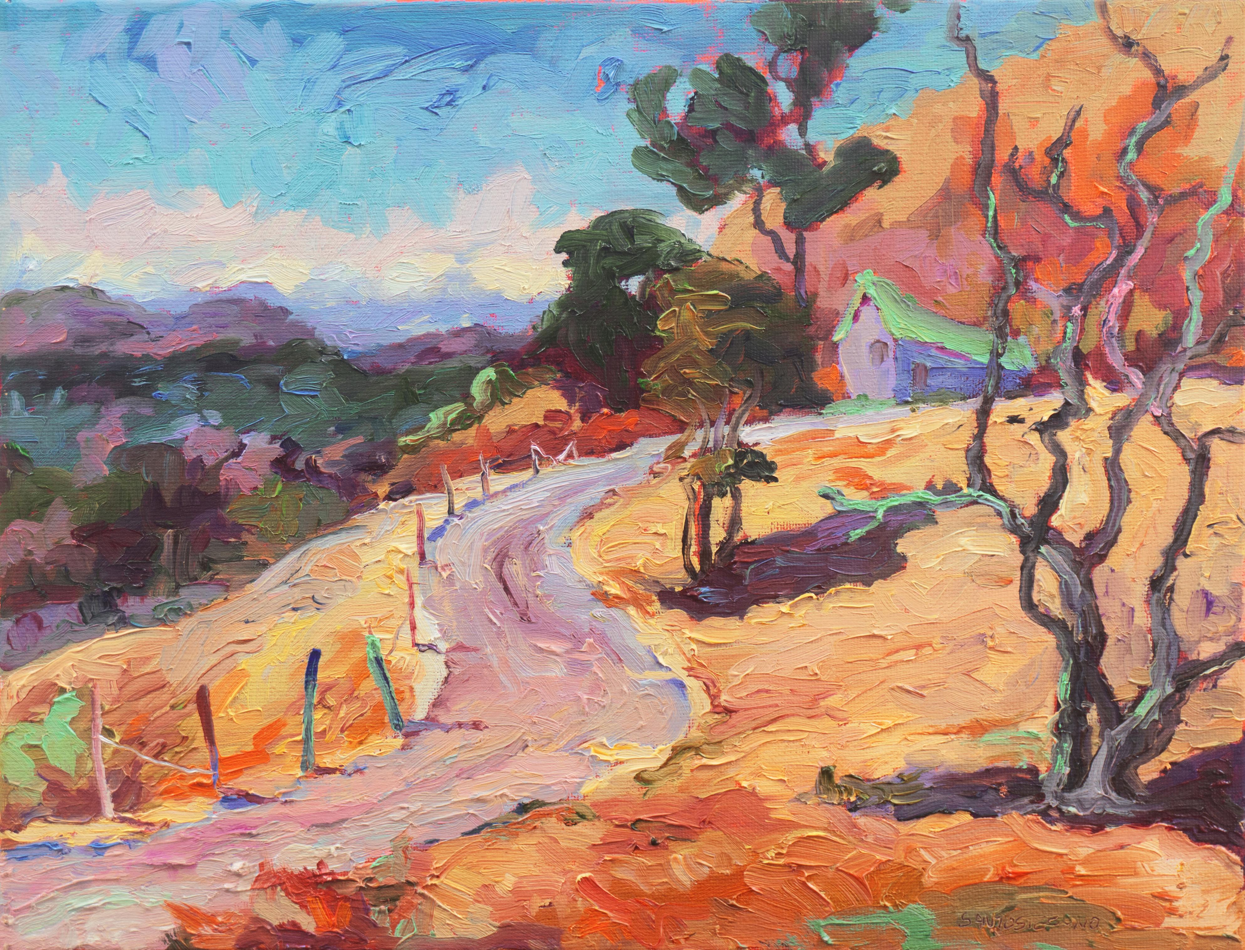 Landscape Painting Maria SantoStefano - 'Deer Hill Road, Lafayette, Californie', paysage à l'huile de la région de la baie, Femme artiste