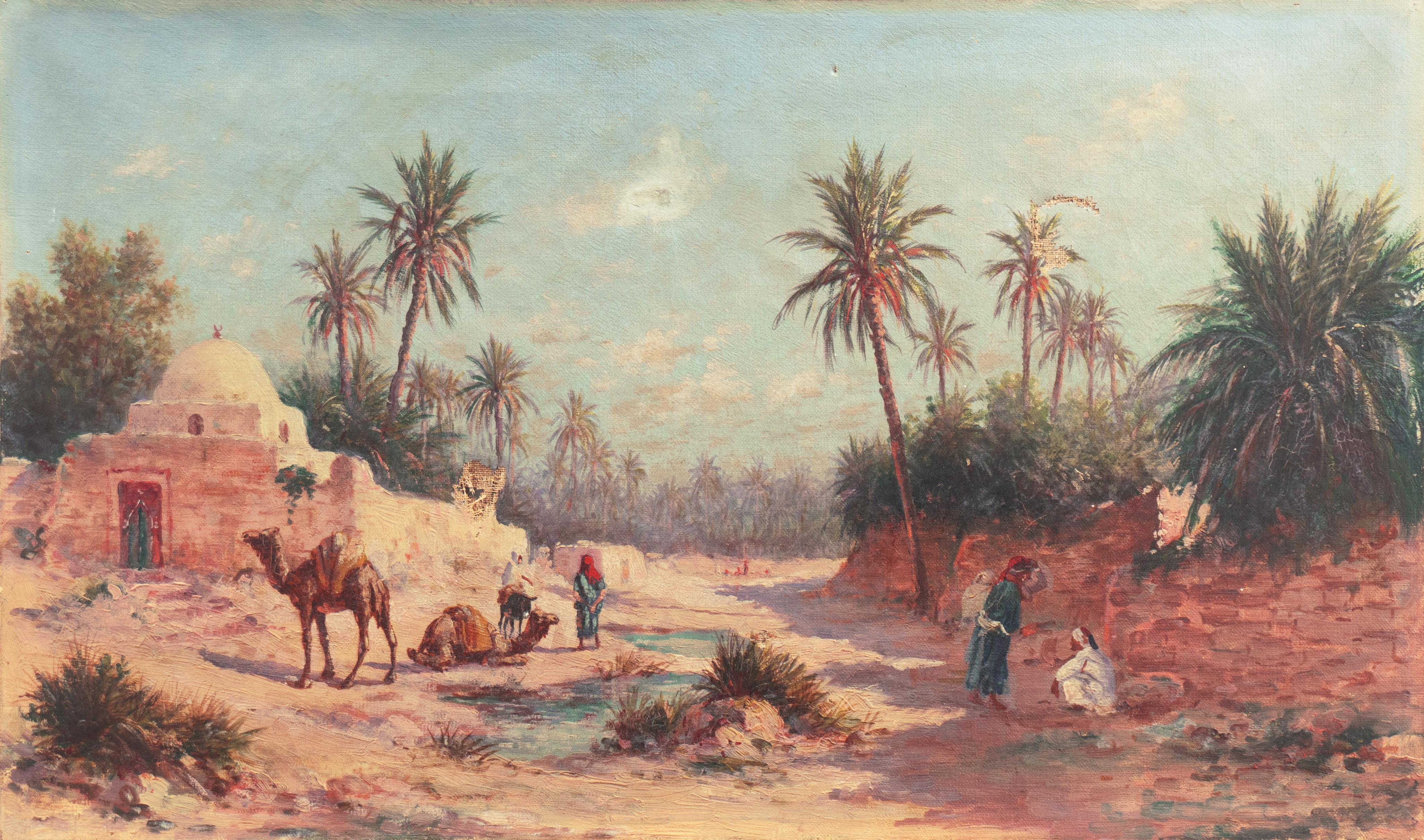 Unknown Landscape Painting - 'Camels at a Tunisian Oasis', French School Orientalism, North African, Romantic