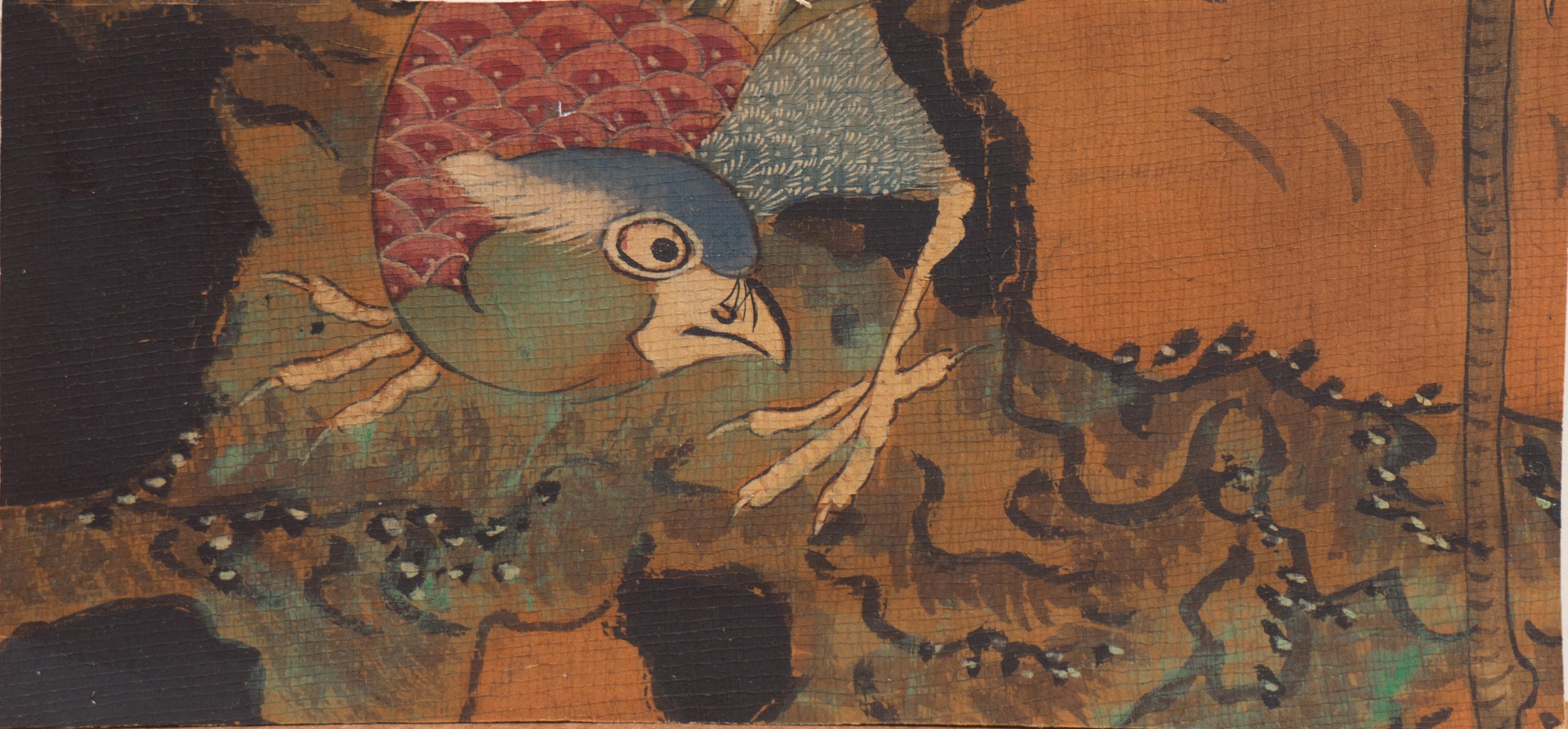 Animal Art 19th Century Chinese school - « Bird of Paradise on a Mossy Rock » (oiseau du paradis sur une roche moussue), peinture d'école chinoise du 19e siècle