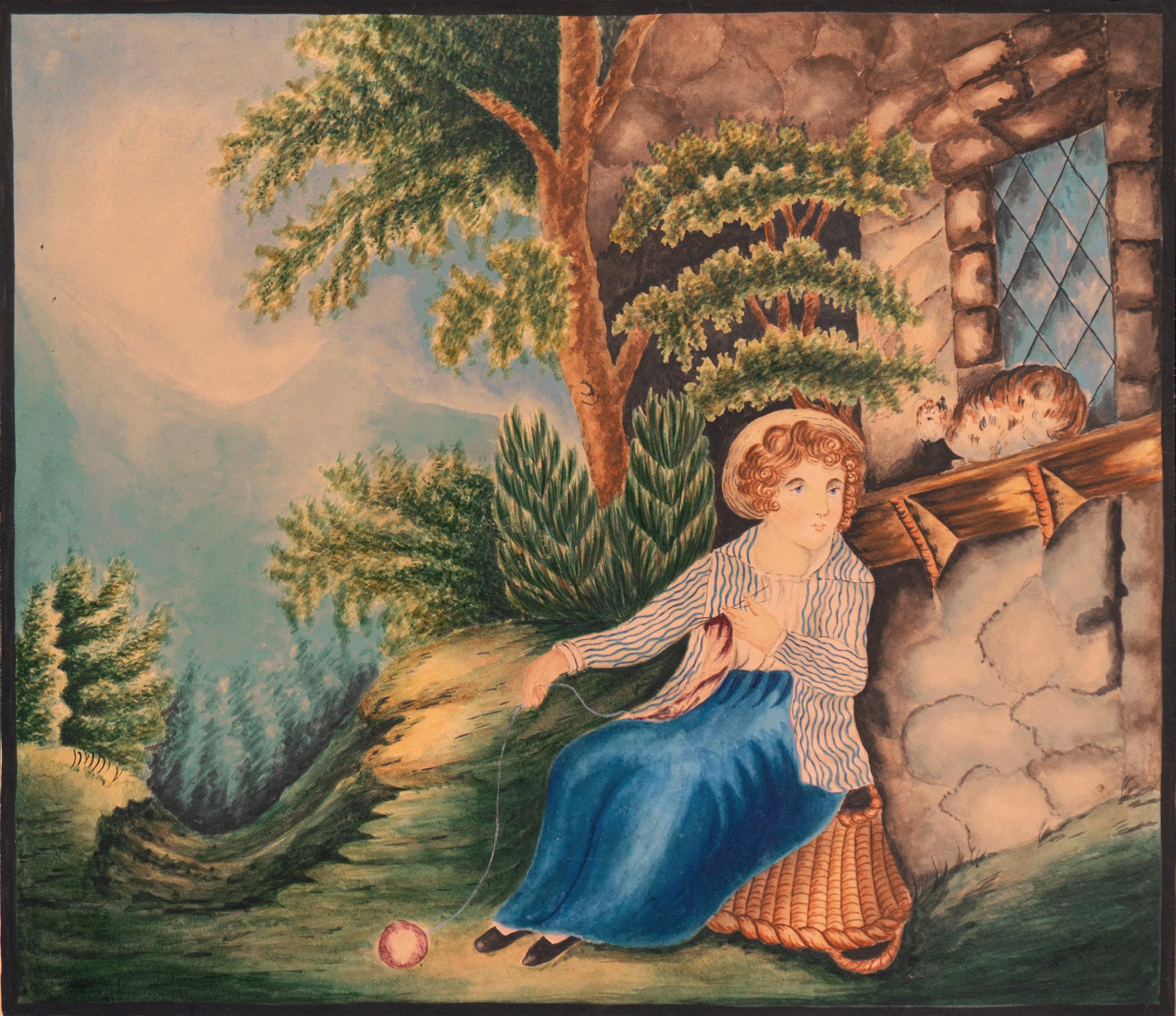 Early 19th Century American School Landscape Art - 'Woman Knitting by Cabin', American Frontier Life Oil, Westward Expansion, Cat 