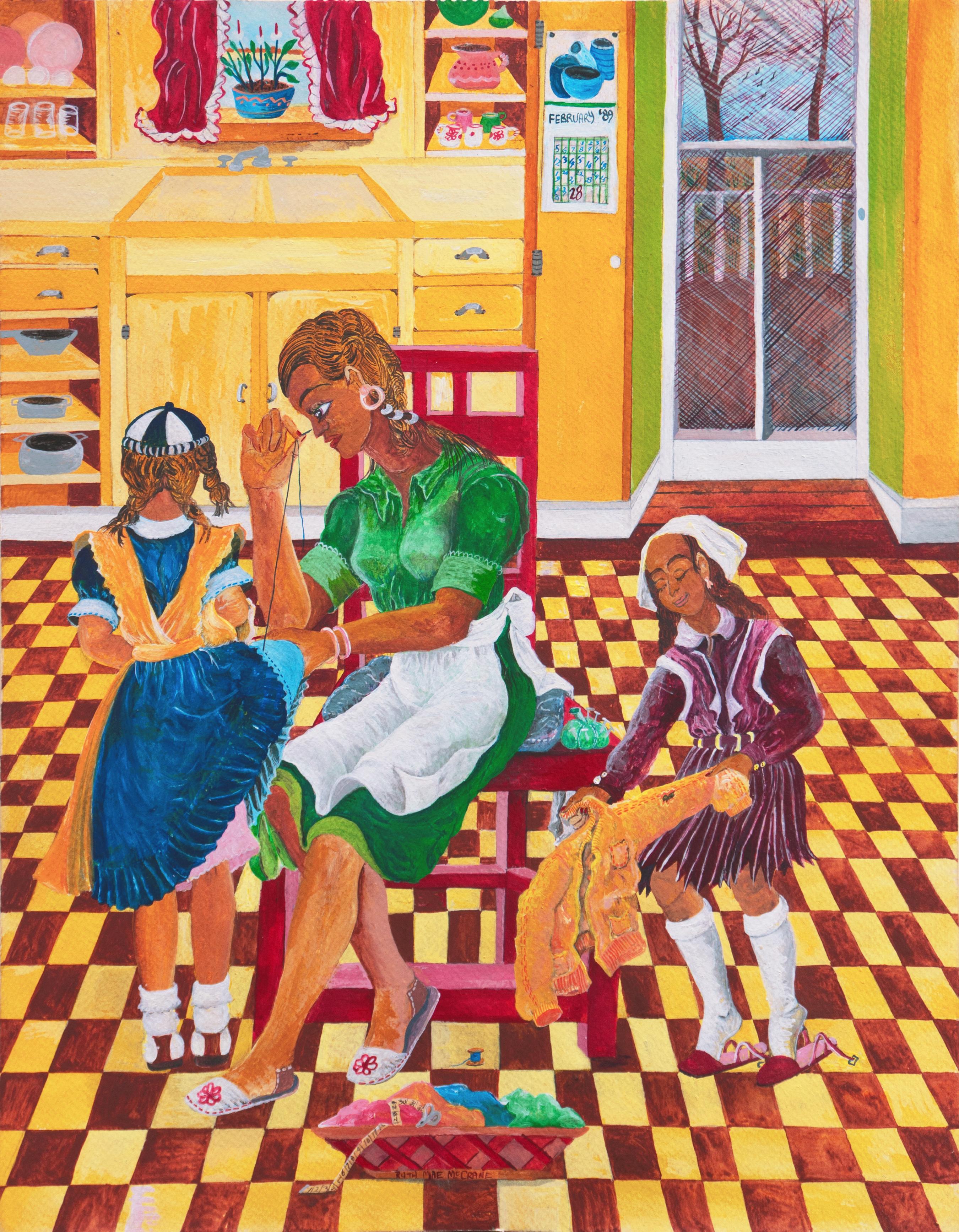 Ruth McCrane Interior Art - 'Mending', African American Woman Folk Artist, Houston, Dallas, Blues Museum Oil