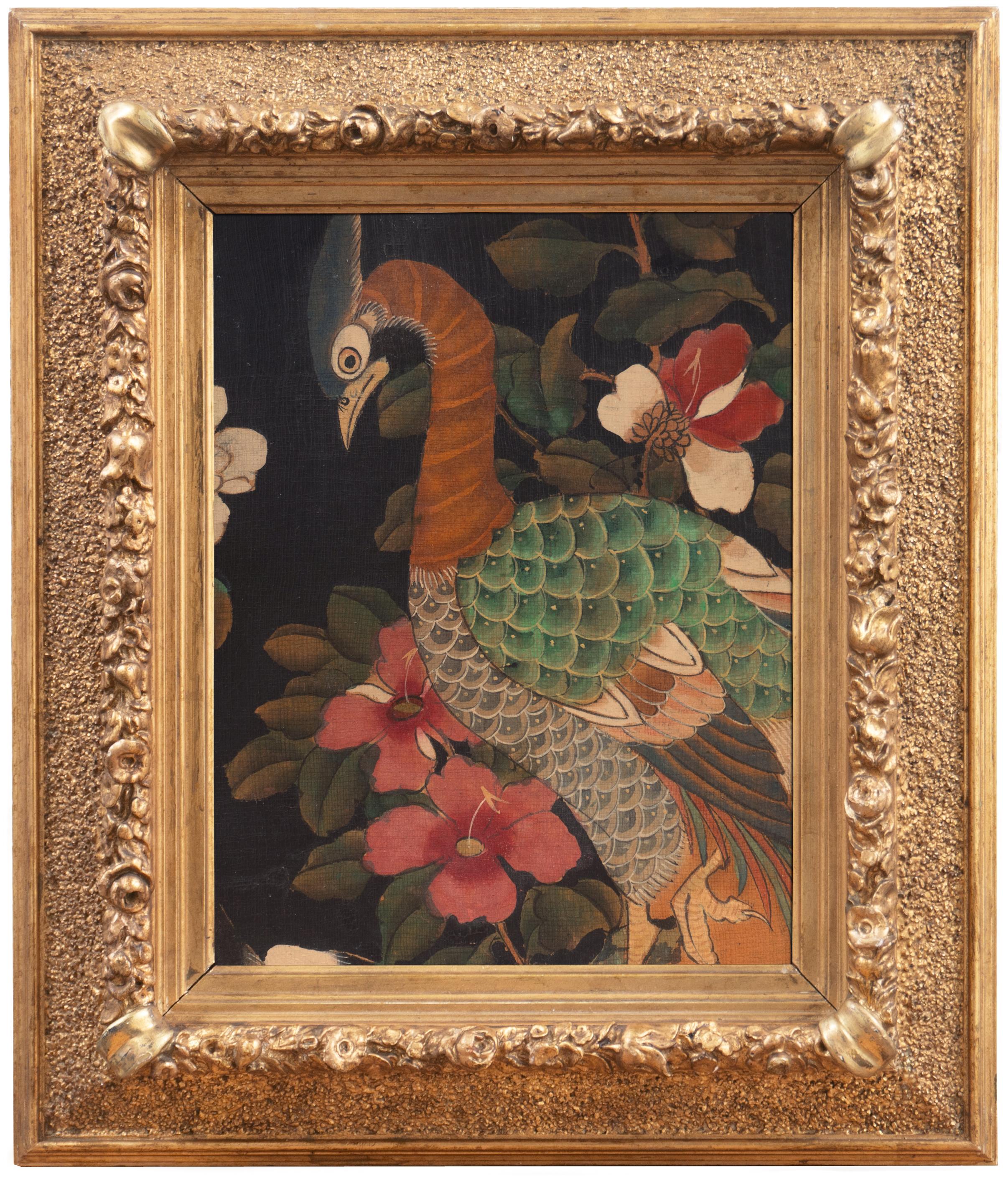 Peinture chinoise « Peacock Among Magnolia » dans un cadre doré d'époque