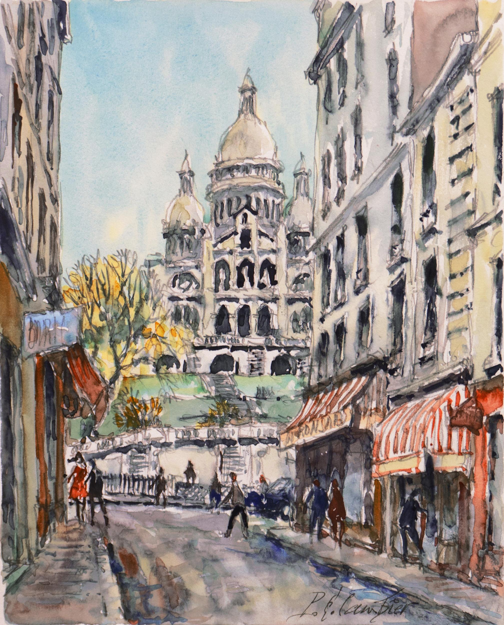 'Montmartre and Sacre Coeur', Paris, Salon D'Automne, Salon Des Independents - Gray Landscape Art by Pierre Eugene Cambier