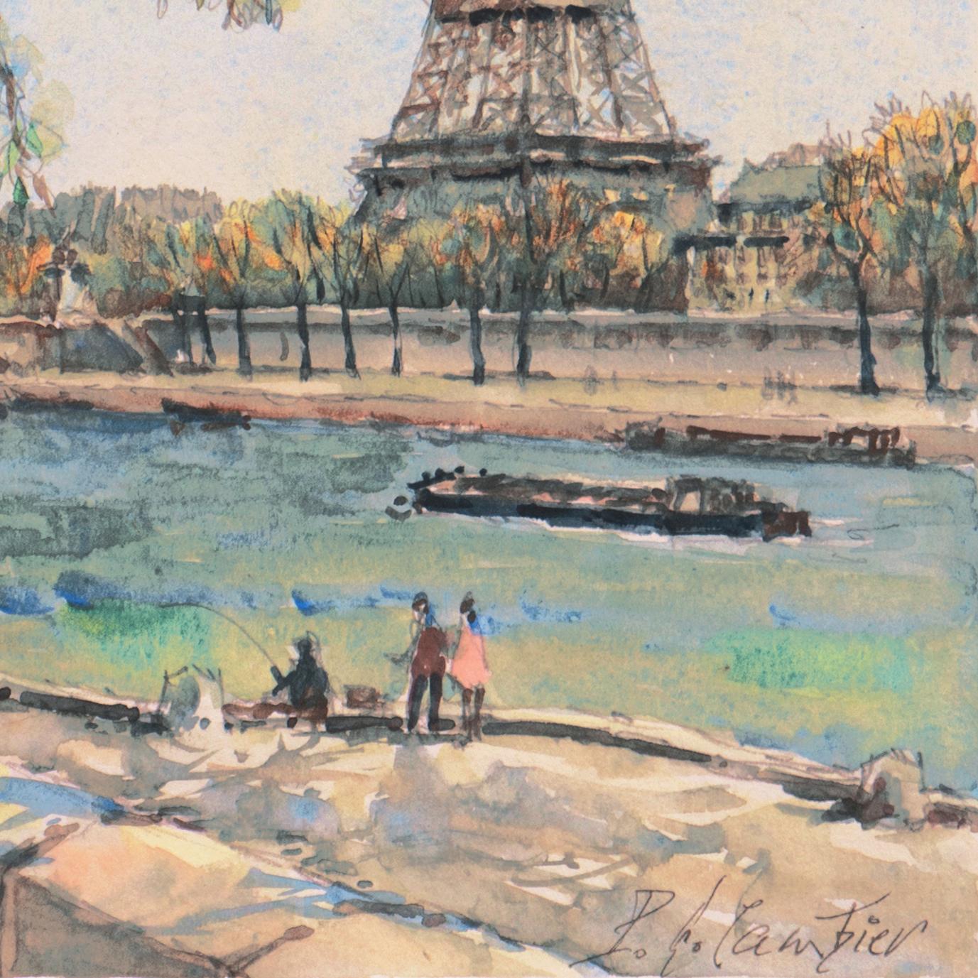'The Seine and the Eiffel Tower', Paris, Salon D'Automne, Salon Des Independents - Brown Landscape Art by Pierre Eugene Cambier