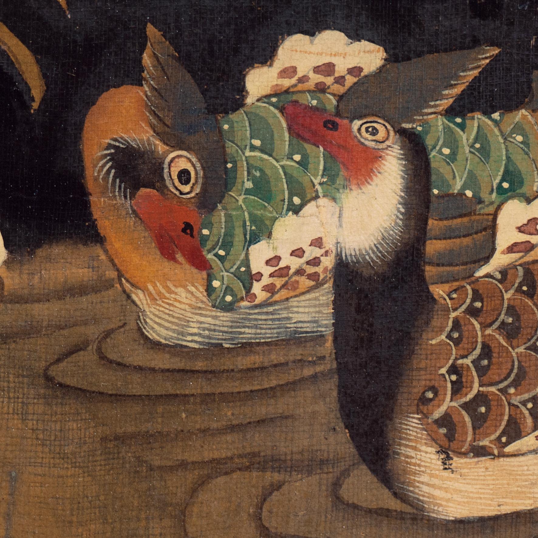 'Une paire de canards mandarins installés sur un étang' - Art de 19th Century Chinese school