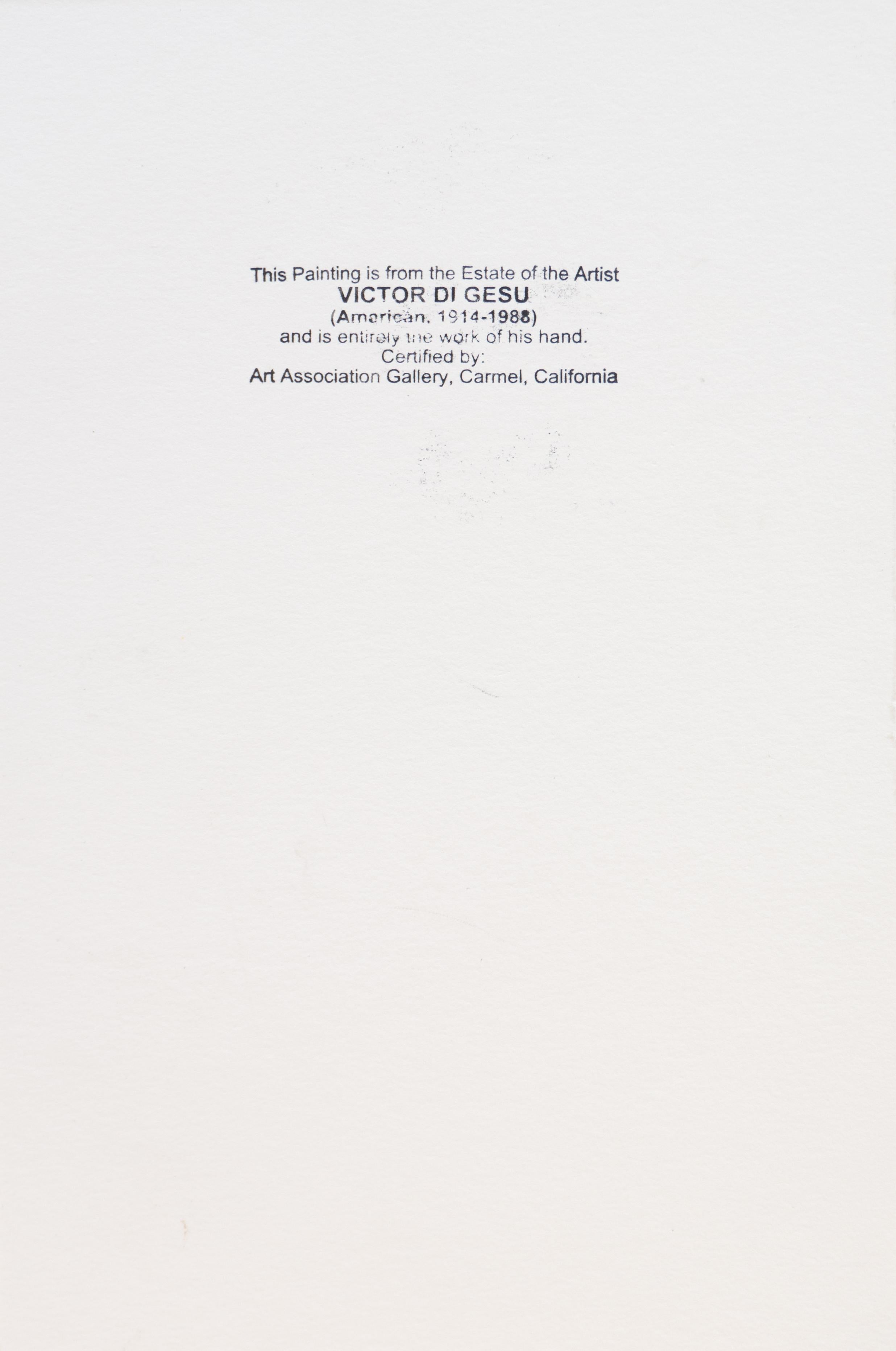 Verso gestempelt mit dem Nachlassstempel von Victor Di Gesu (Amerikaner, 1914-1988), geschaffen um 1950.

Victor di Gesu, Gewinner des Prix Othon Friesz, besuchte zunächst das Los Angeles Art Center und die Chouinard Art School, bevor er nach Paris