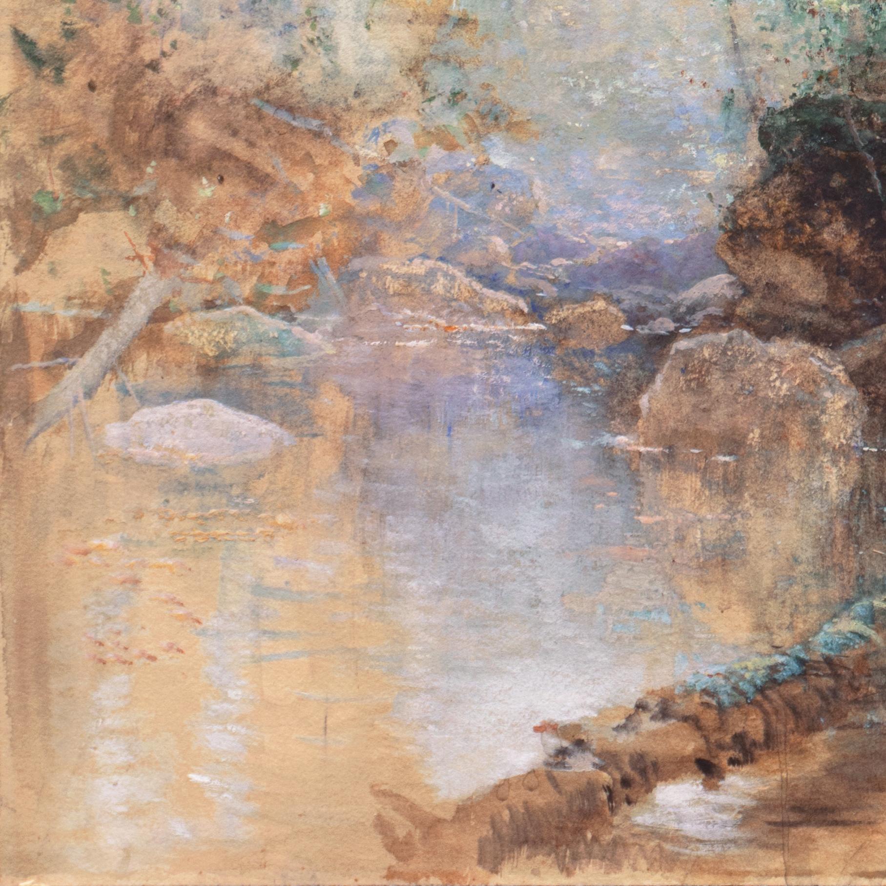 « Woodland Stream », Paris, New York,  École de la rivière Hudson, Luminisme, AIC, PAFA - Marron Landscape Art par Arthur Parton