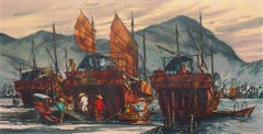 'Junks in Hong Kong Harbor', Kowloon, Bank, California Watercolor Society, SFAI