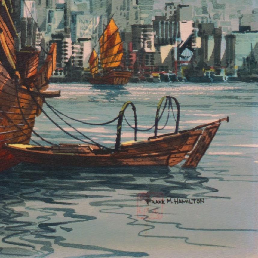 'Junks in Hong Kong Harbor', Kowloon, Bank, California Watercolor Society, SFAI - Art by Frank M. Hamilton