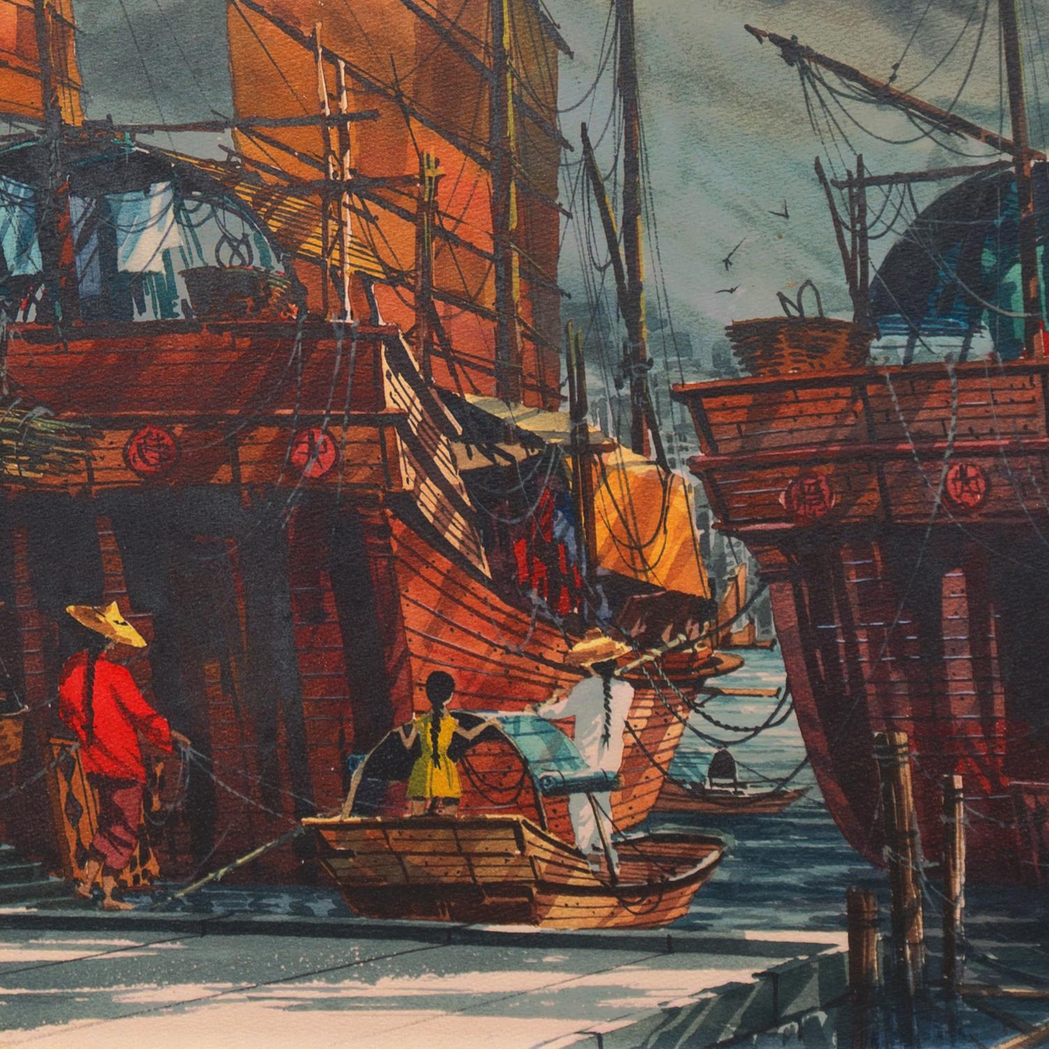 'Junks in Hong Kong Harbor', Kowloon, Bank, California Watercolor Society, SFAI - Gray Landscape Art by Frank M. Hamilton