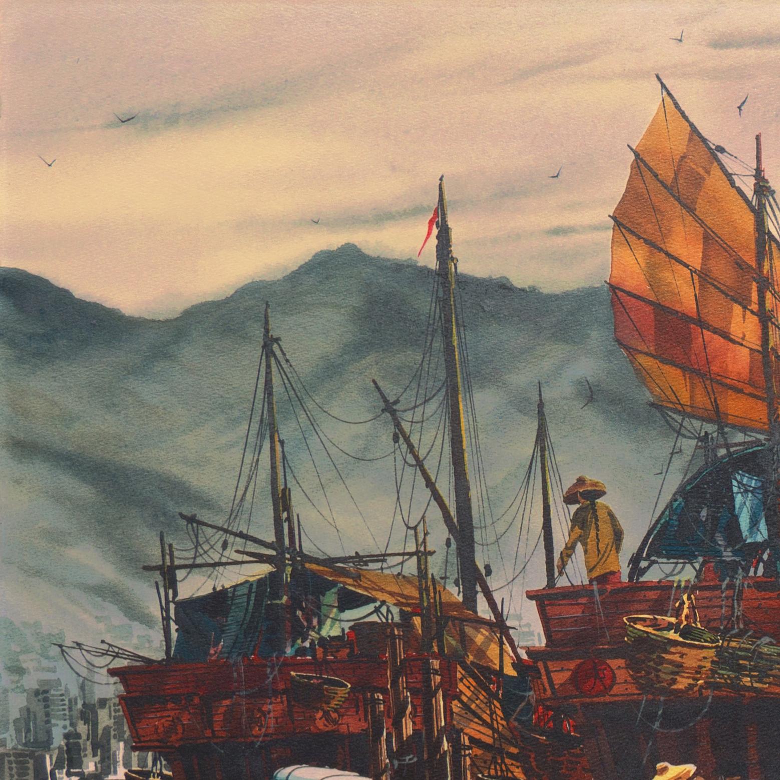 „Junks in Hong Kong Harbor“, Kowloon, Bank, California Watercolor Society, SFAI im Angebot 3