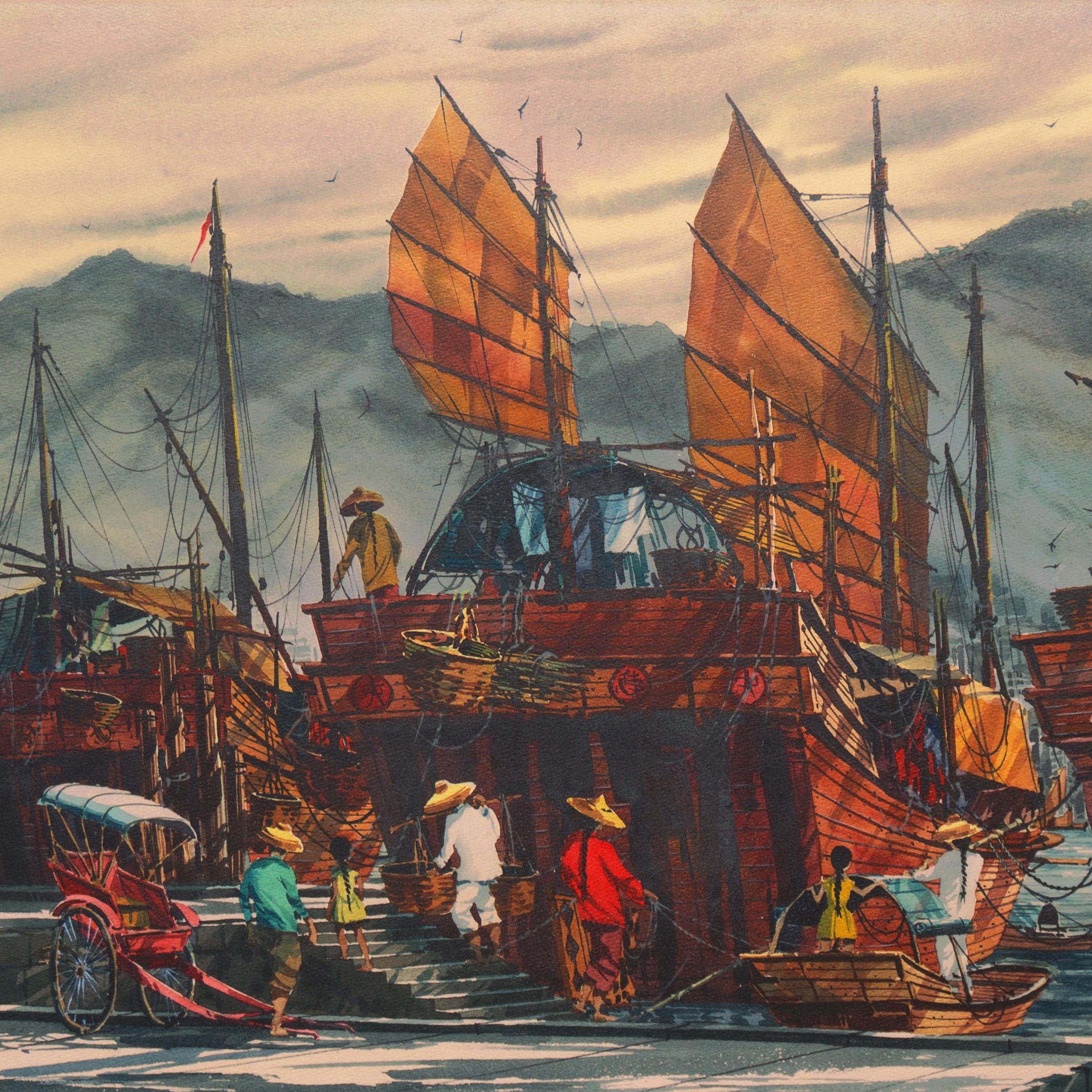 „Junks in Hong Kong Harbor“, Kowloon, Bank, California Watercolor Society, SFAI im Angebot 1