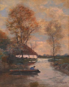 Antique 'Evening Fishing', Sunset River Landscape, Chicago Society of Artists, New York