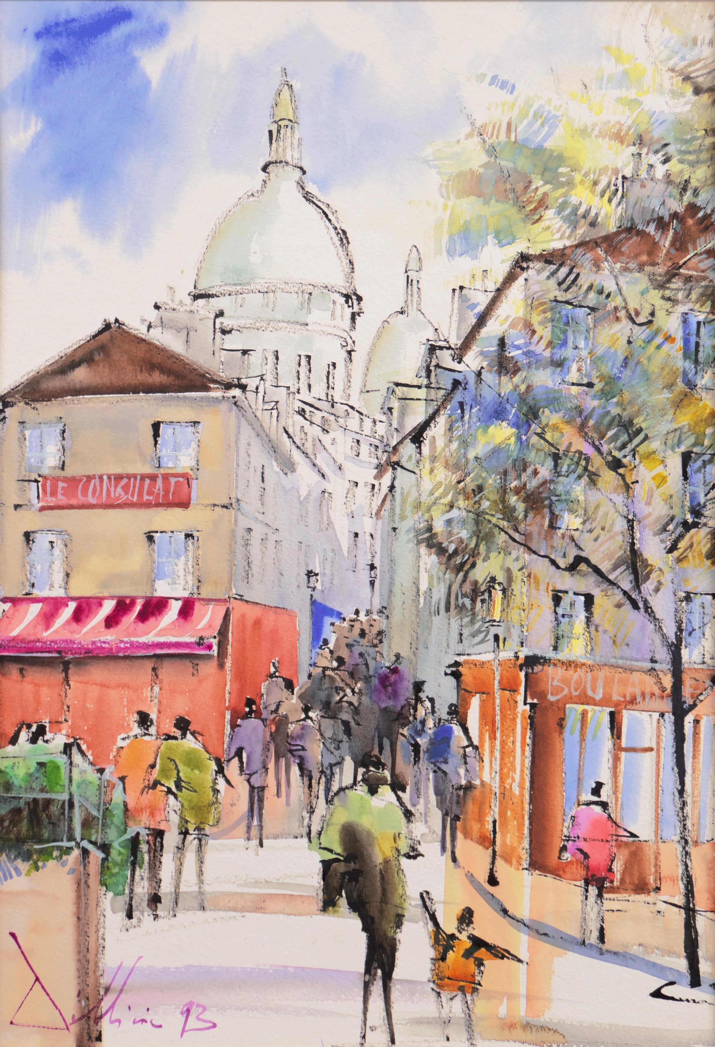 20th Century French School Landscape Art - 'Le Consulat, Montmartre', Paris Cafe, Cathedral of Sacré-Cœur, Basilica