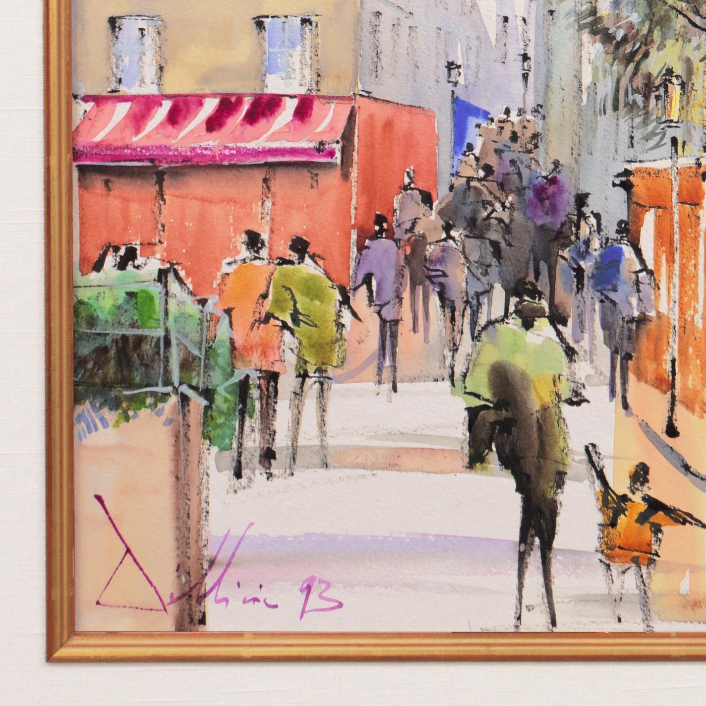 20th Century French School; Signed indistinctly, lower left, 'De Mini? and dated 1993.

A Post-Impressionist style, Parisian cityscape showing a view of Montmartre with numerous pedestrians walking in the street beside the Café Le Consulat and the