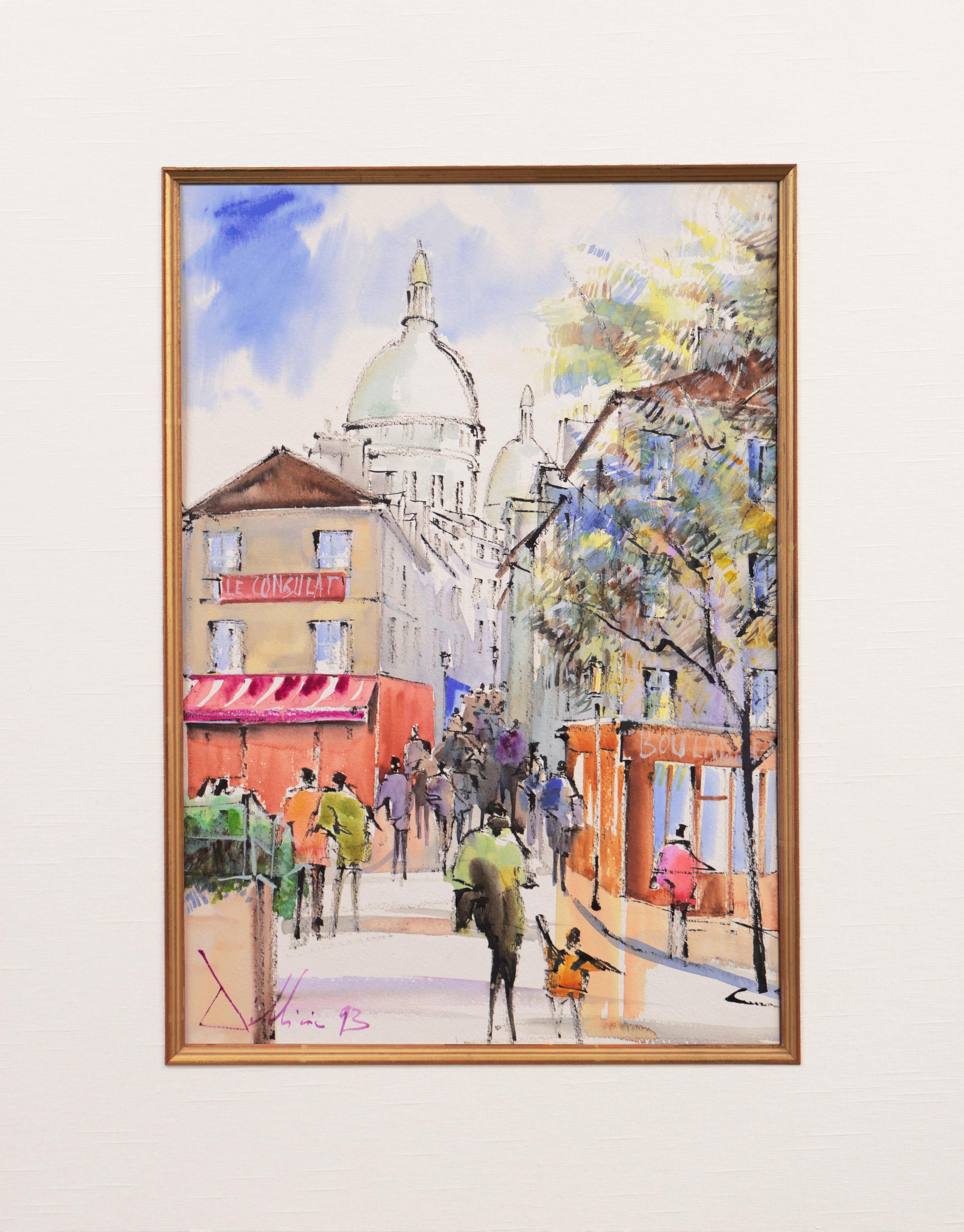 'Le Consulat, Montmartre', Paris Cafe, Cathedral of Sacré-Cœur, Basilica - Beige Landscape Art by 20th Century French School