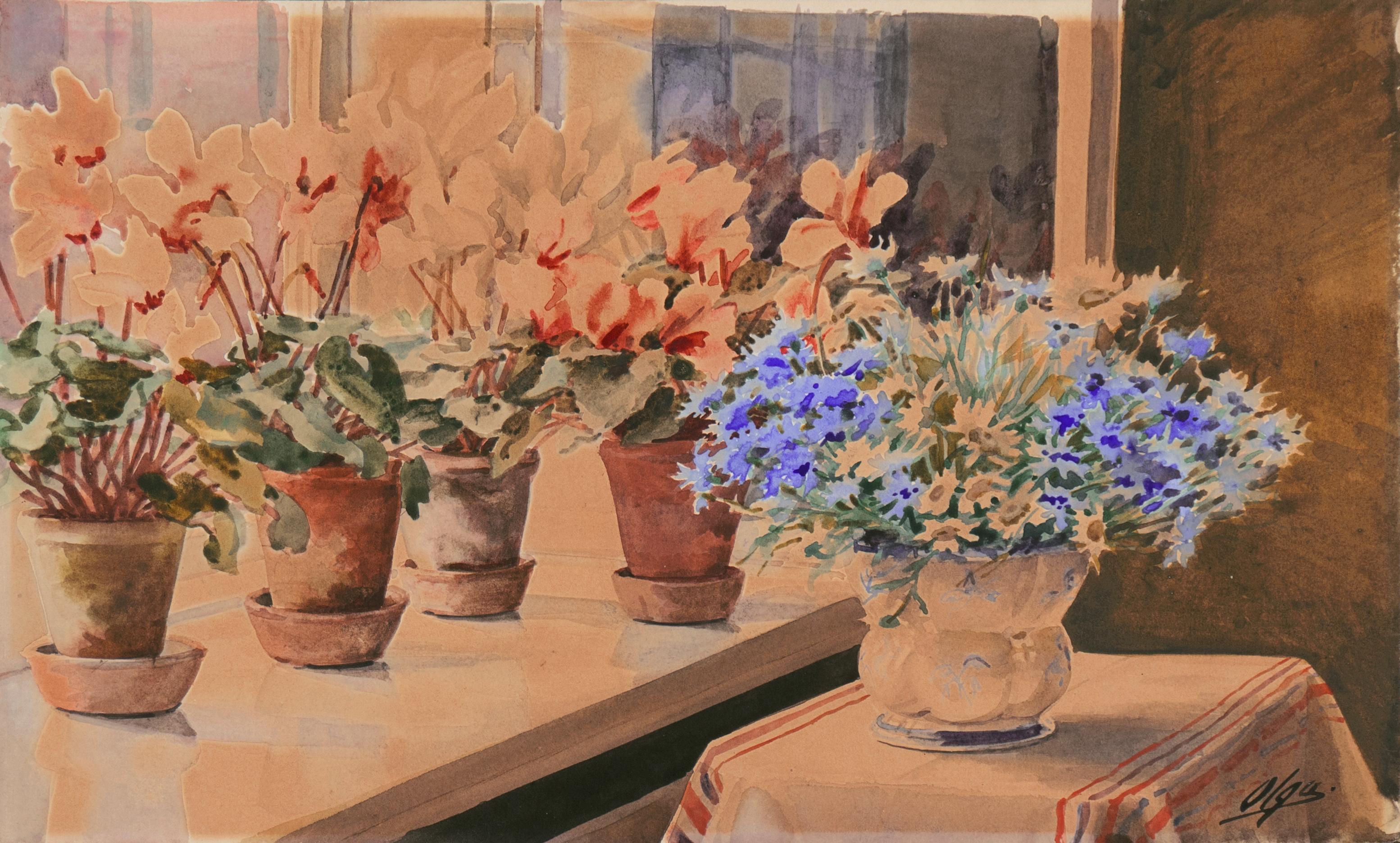 Olga Alexandrovna Still-Life - 'Flowers on a Window Sill', Royal Provenance, Russia, Queen Elizabeth II    