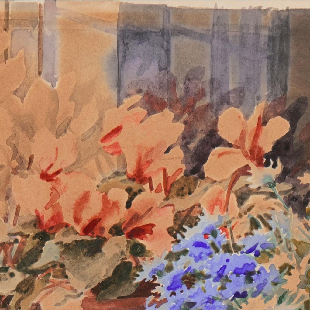 'Flowers on a Window Sill', Royal Provenance, Russia, Queen Elizabeth II     - Brown Still-Life by Olga Alexandrovna