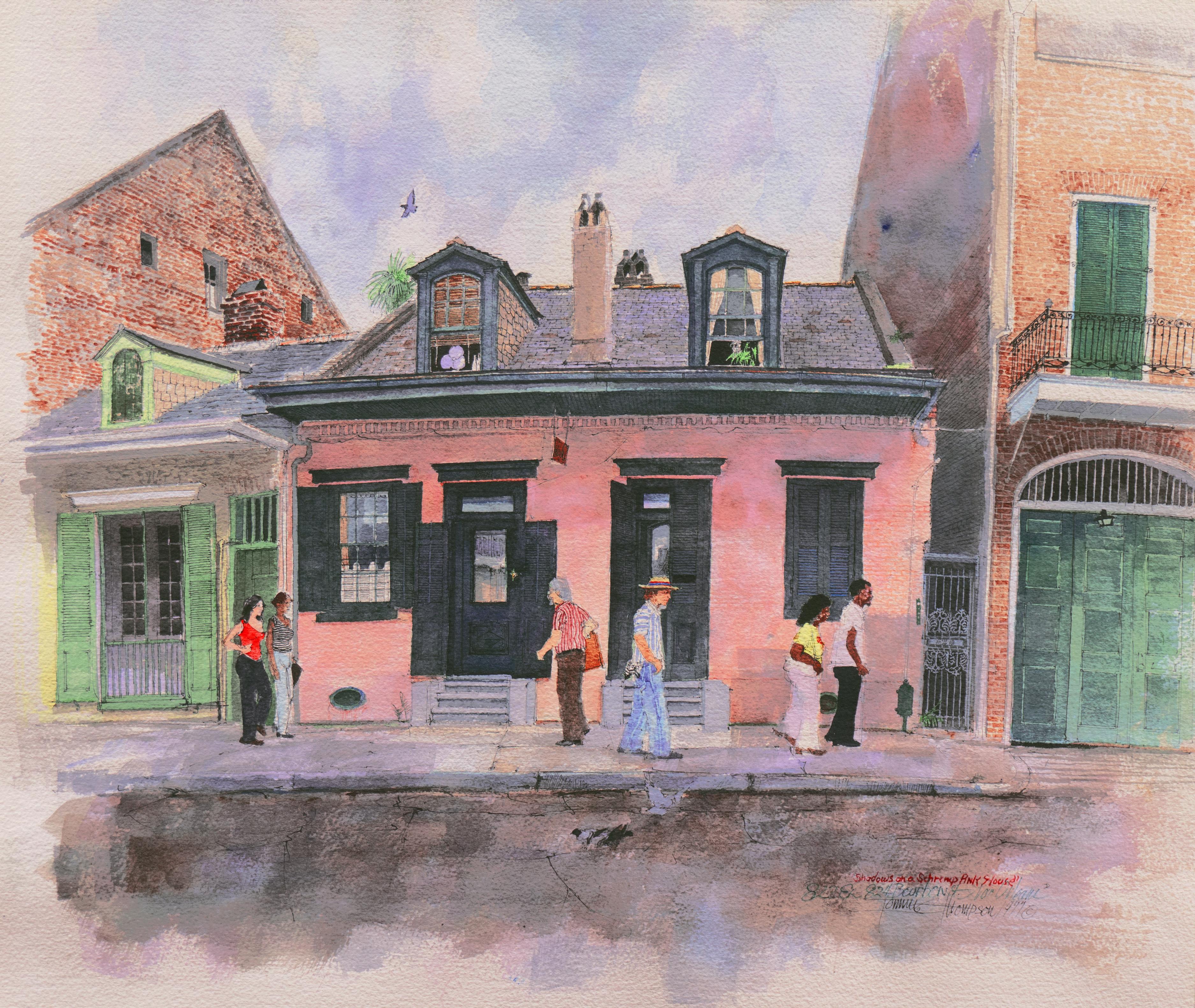 Tommy Thompson Figurative Art – „Shadows on a Shrimp Pink House“, Bourbon Street, New Orleans Französisches Viertel