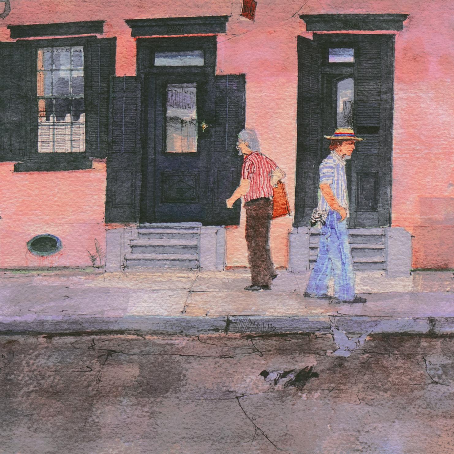 'Shadows on a Shrimp Pink House', Bourbon Street, New Orleans French Quarter - Brown Figurative Art by Tommy Thompson