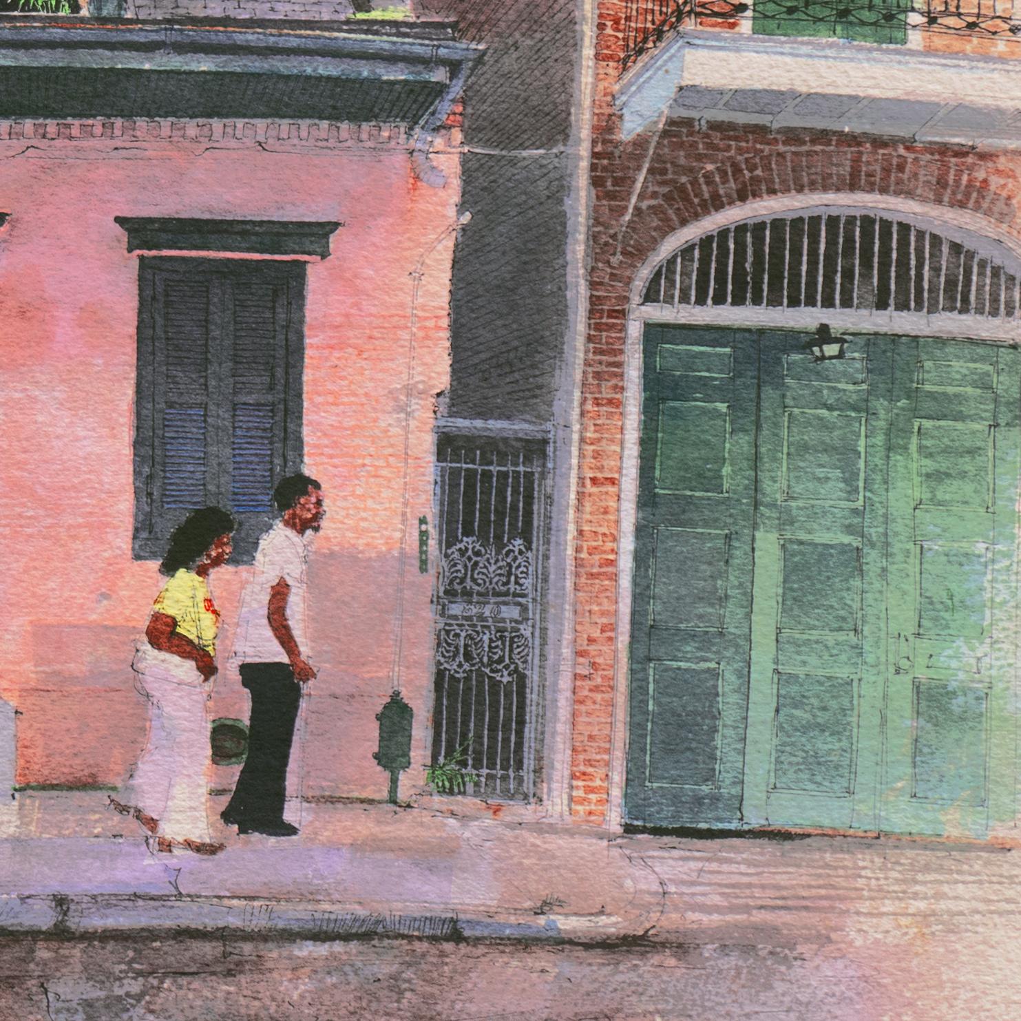 „Shadows on a Shrimp Pink House“, Bourbon Street, New Orleans Französisches Viertel (Impressionismus), Art, von Tommy Thompson