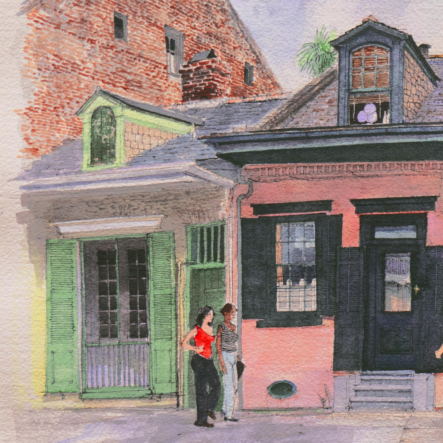 Signed lower right, 'Tommy G Thompson' (American, born 1948), titled, 'Shadows on a Shrimp Pink House, 822 & 824 Bourbon St. New Orleans' and dated 1977. A fine and original watercolor by this legendary painter of the New Orleans jazz scene and