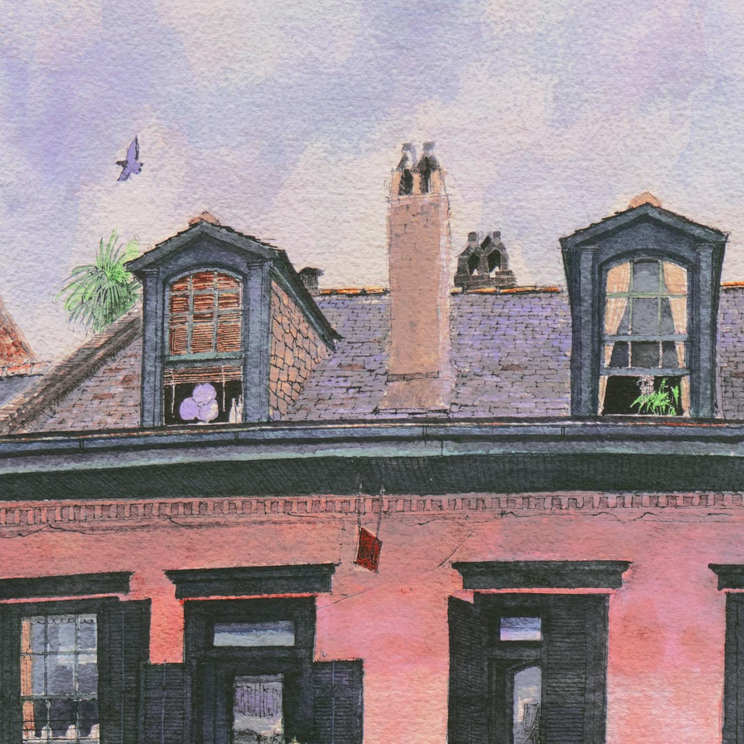 'Shadows on a Shrimp Pink House', Bourbon Street, New Orleans French Quarter - Impressionist Art by Tommy Thompson