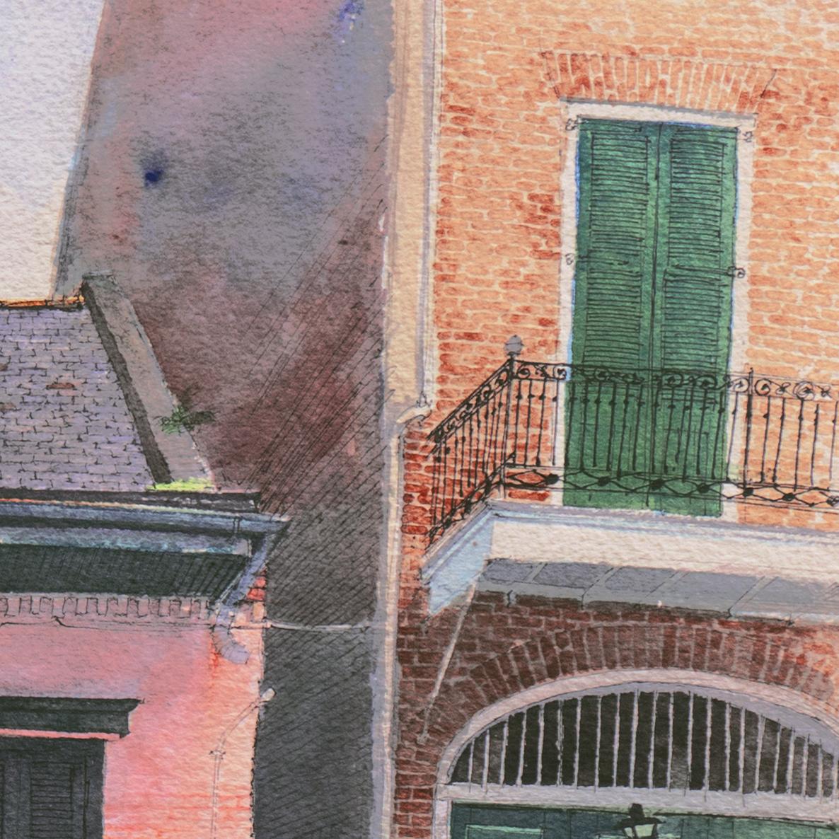 „Shadows on a Shrimp Pink House“, Bourbon Street, New Orleans Französisches Viertel (Braun), Figurative Art, von Tommy Thompson