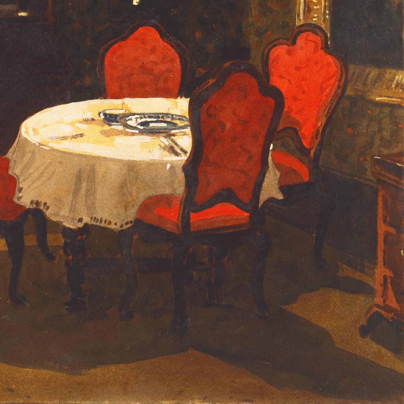 'Dining by Oil Lamp', Paris, Rome, New York, Buenos Aires, Santa Maria di Leuca - Brown Interior Art by Aldo Riso