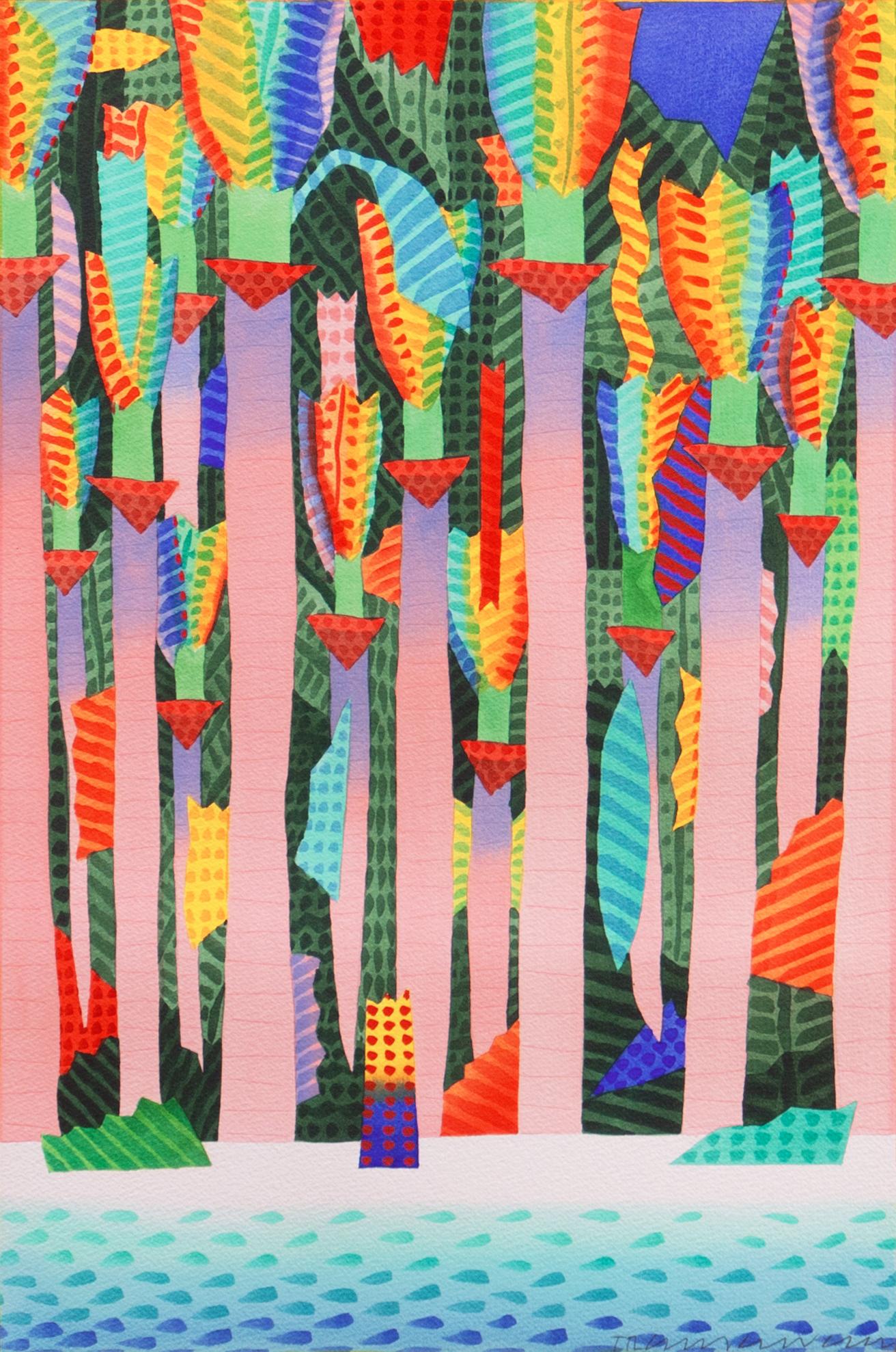„Rosafarbene Palmen, Regenwaldstrand“, Hawaii-Landschaft – Art von Ian Tremewen