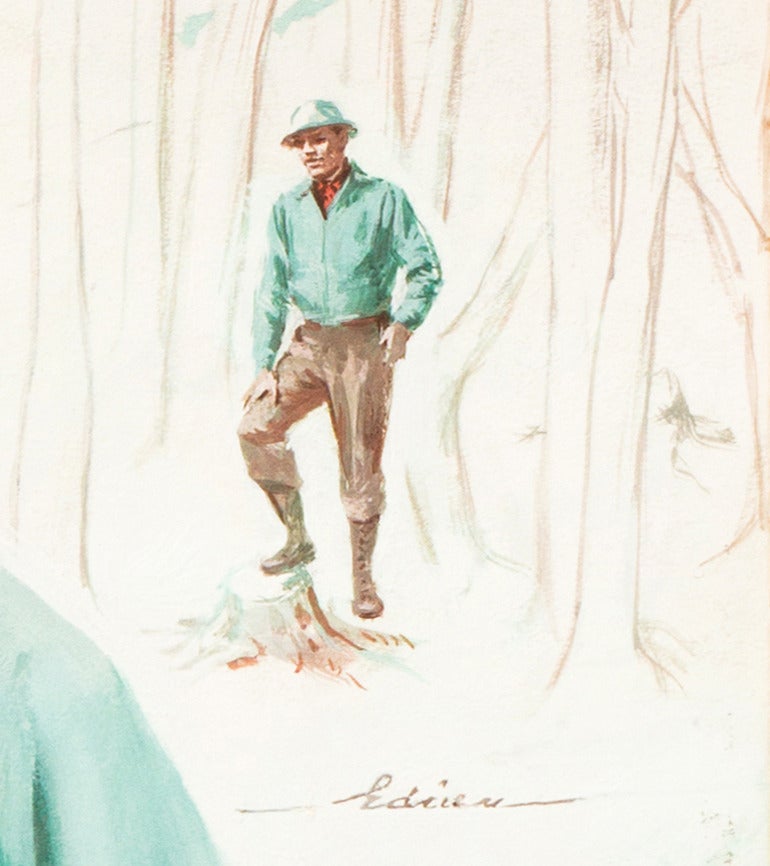 A mid-century, figural gouache showing an attractive young nurse silhouetted against a snowy timberline with a lumberjack standing in a grove of trees and a view beyond towards a distant lodge.

Signed lower right for Charles 'Chuck' Winfield Miller