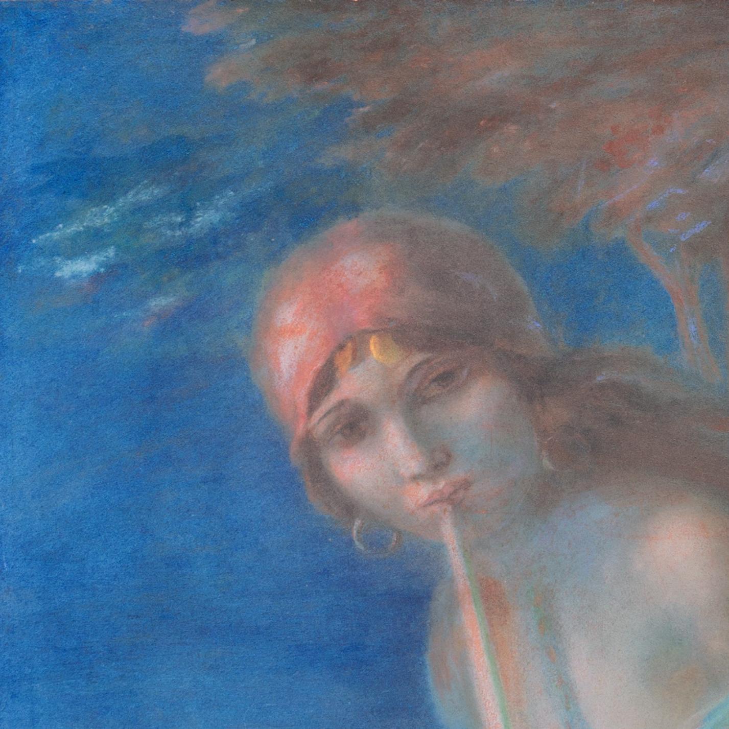Signed lower left, 'A. C. Wiboltt' for Aage Christian (Jack) Wiboltt (Danish-American, 1894-1952) and created circa 1925.

A substantial, early twentieth-century, figural pastel showing a young woman wearing traditional gypsy costume and playing her